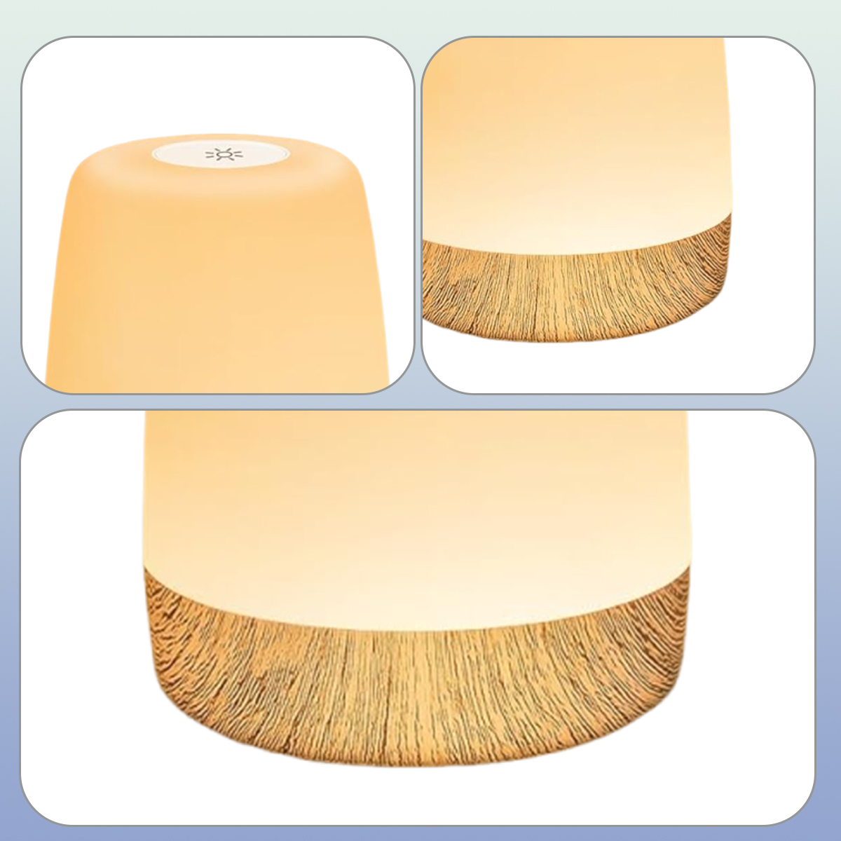 Eine leuchtende, zylindrische Lampe mit strukturiertem Holzsockel und Sensor oben.