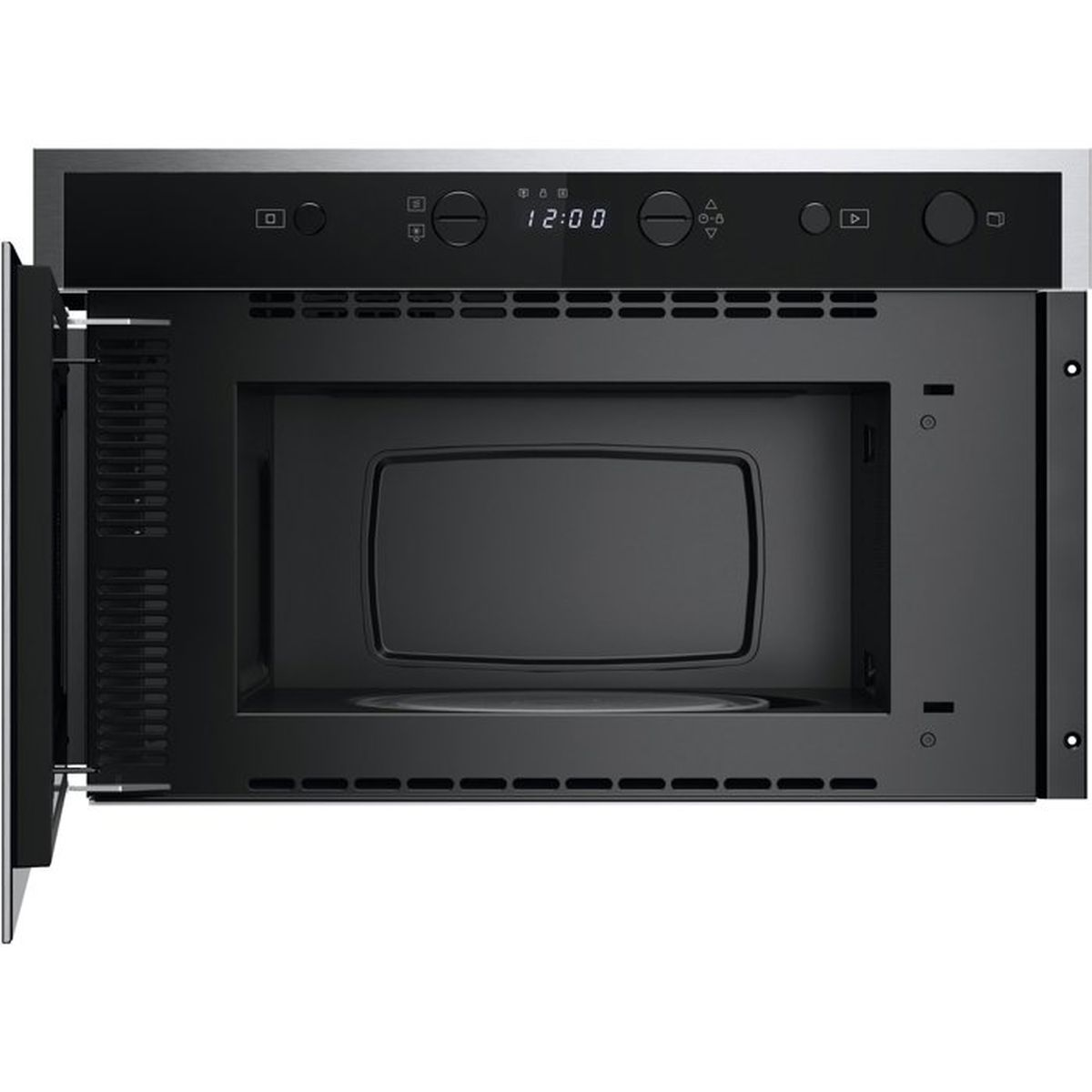 Cavidad de microondas empotrada negra con puerta abierta, mostrando hora digital.