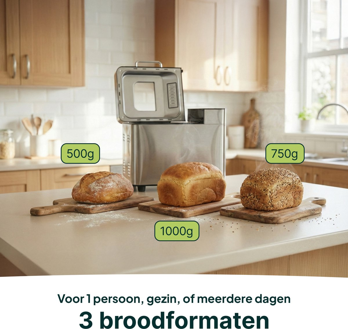 Broodmachine met drie broden: 500g, 750g en 1000g.