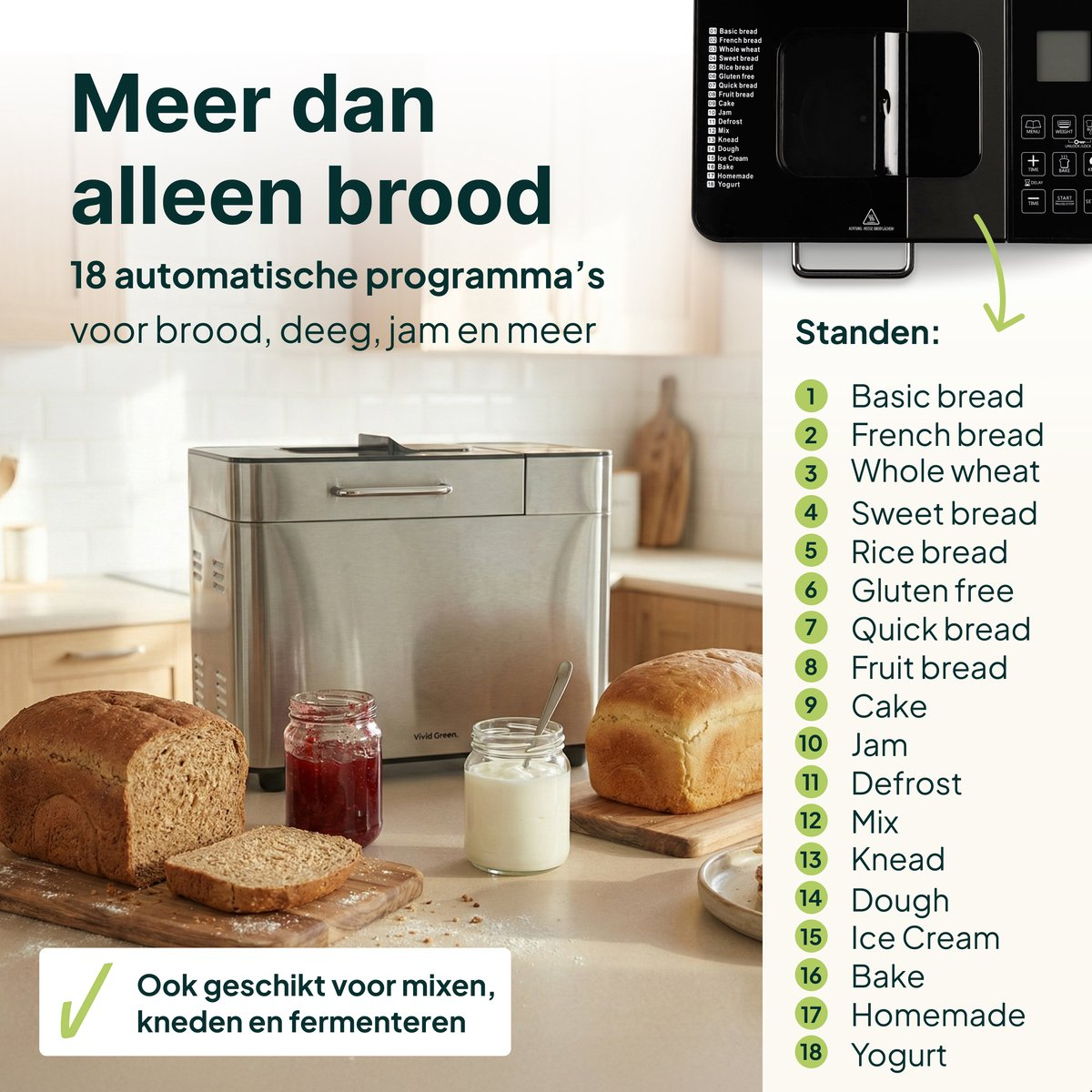 Broodmachine met broden, jam en yoghurt ernaast.