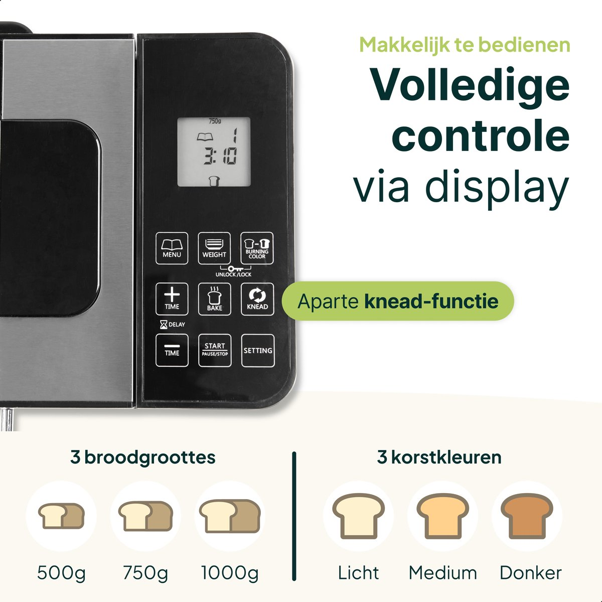 Bedieningspaneel broodmachine met display, knoppen en iconen voor brodgroottes en korstkleuren.