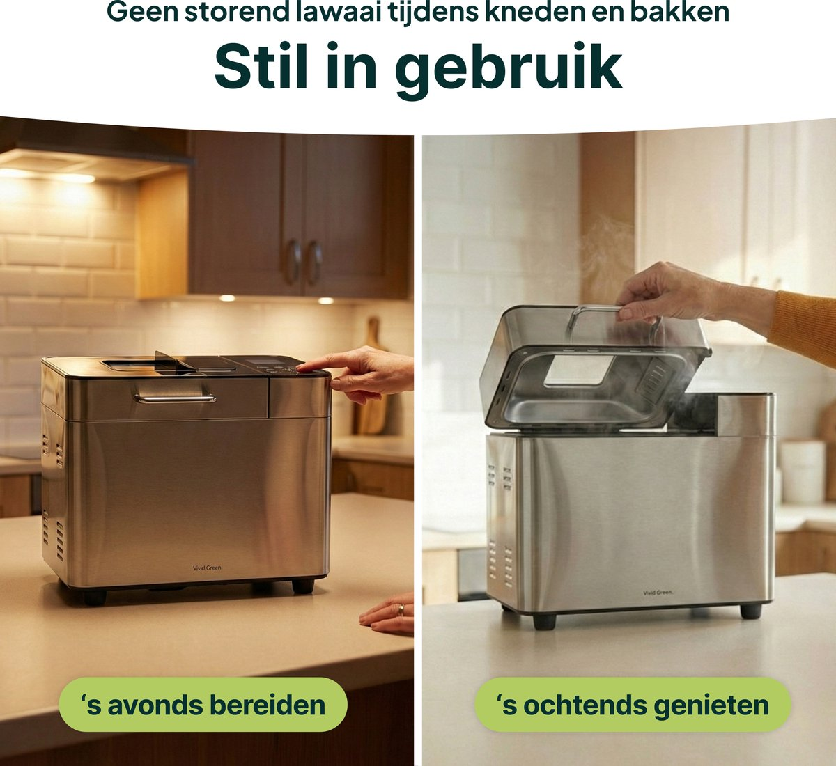 Een zilveren broodmachine op een aanrecht, links bediend, rechts met open deksel.