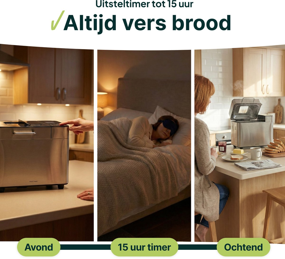 Broodmaker in drie scenario's: avond, slapen, ochtend met brood.