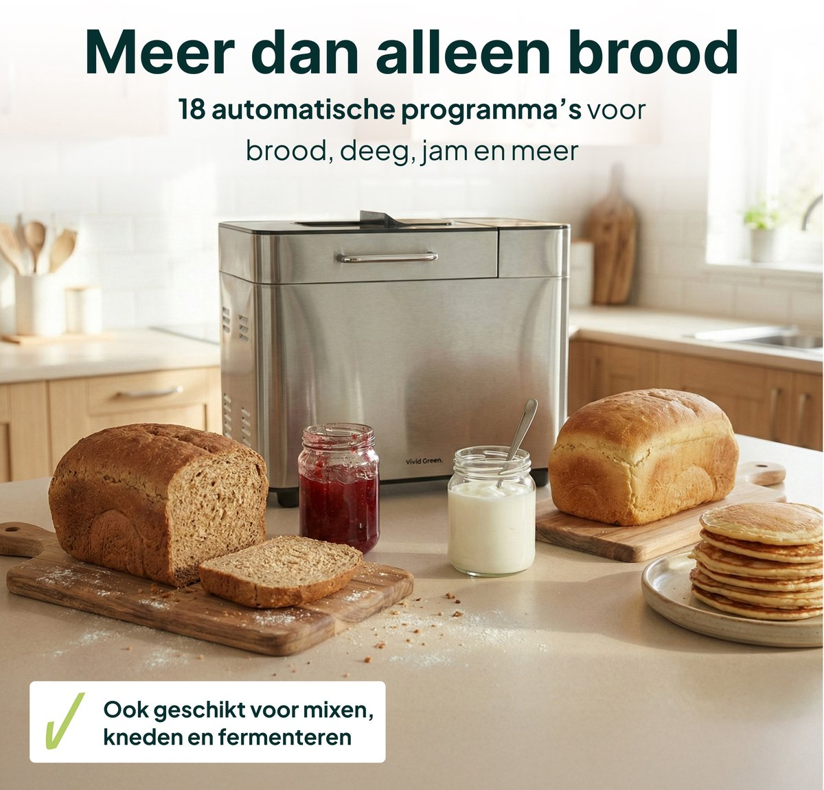 Broodmachine met brood, jam, yoghurt en pannenkoeken.