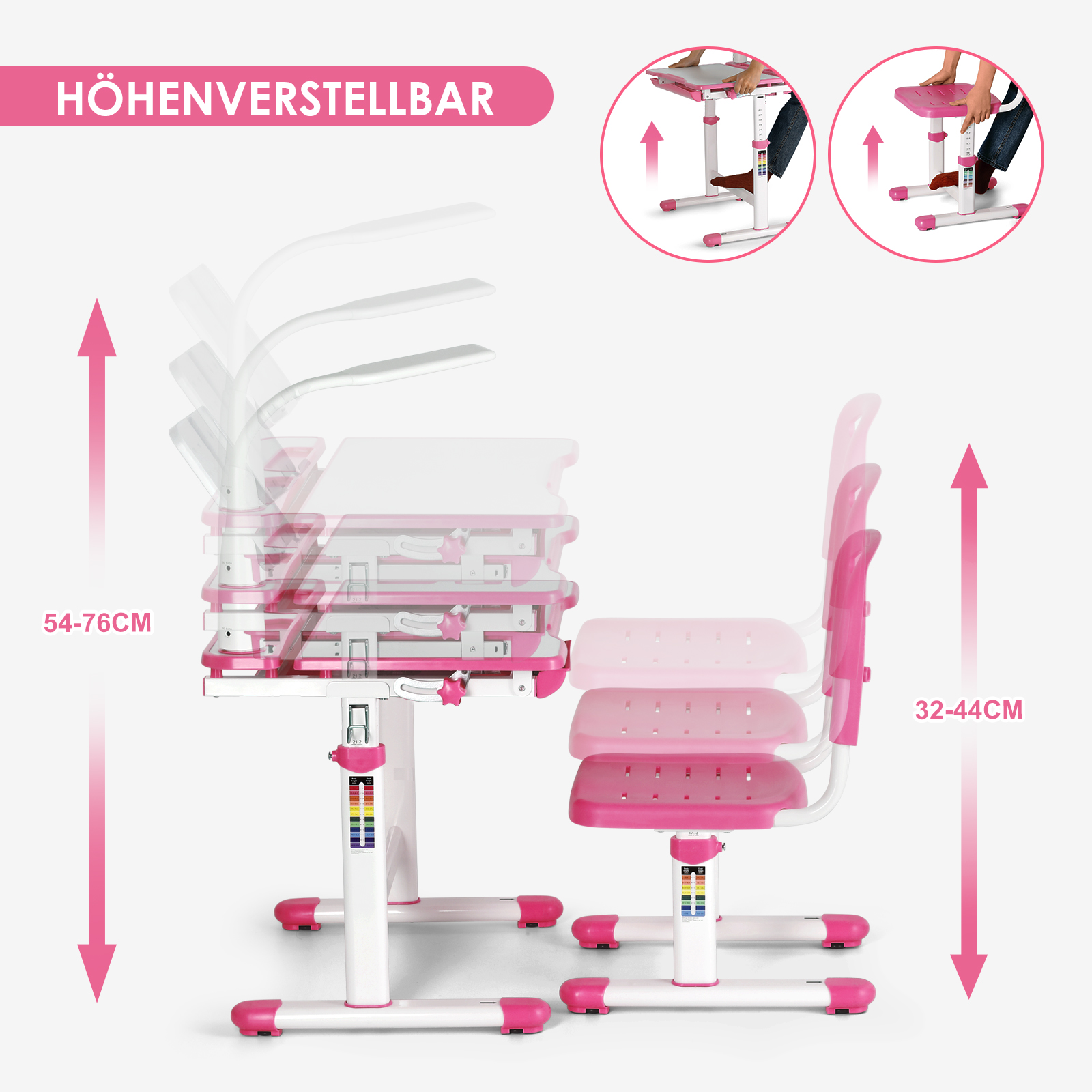 Ein höhenverstellbarer Kinderschreibtisch und Stuhl in Pink und Weiß.