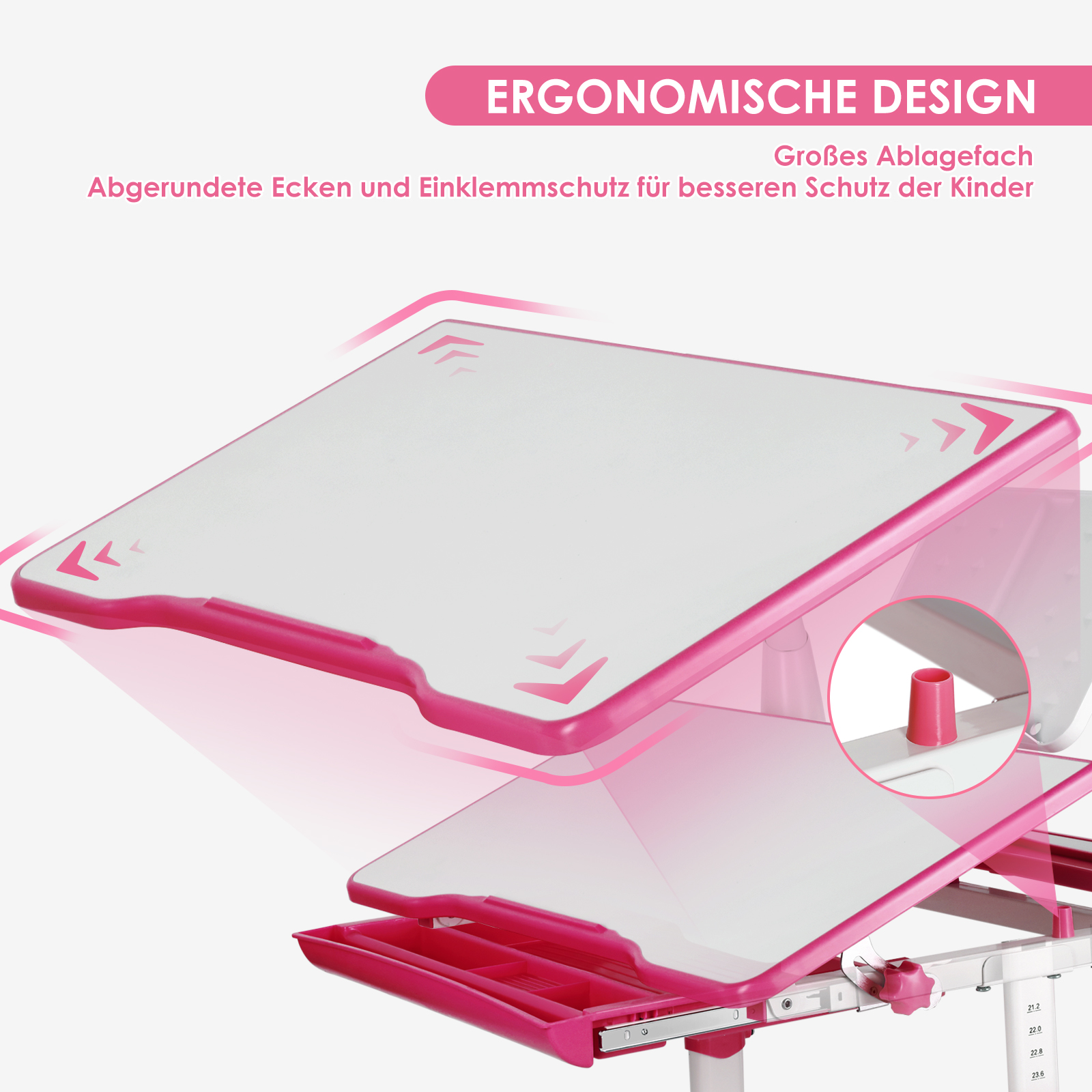 Ein höhenverstellbarer Kinderschreibtisch in Pink mit einem geneigten Tisch und Schublade.