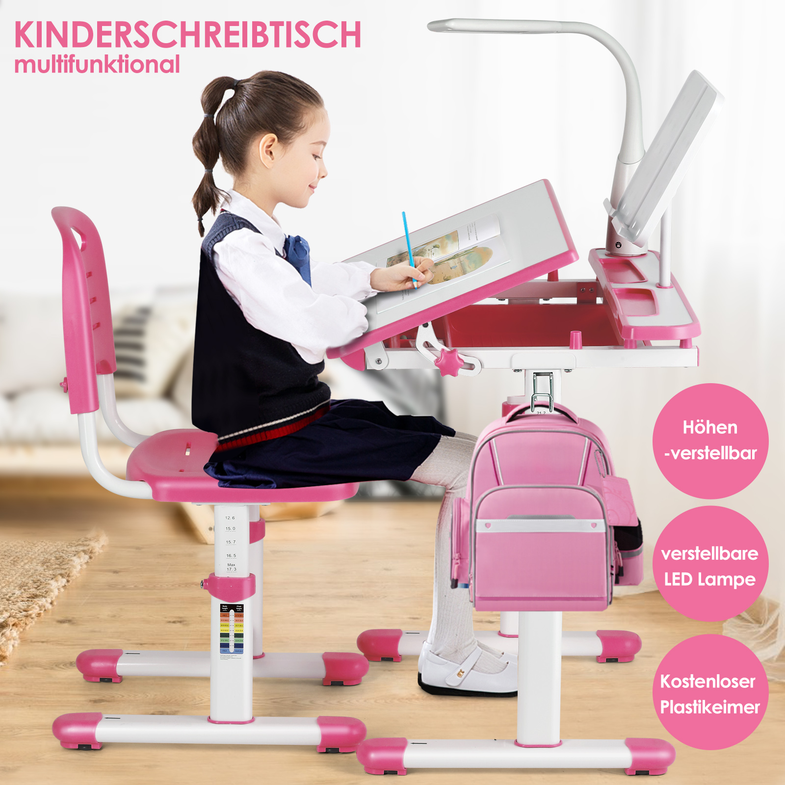 Mädchen sitzt an einem rosa höhenverstellbaren Schreibtisch mit Lampe und Rucksack.