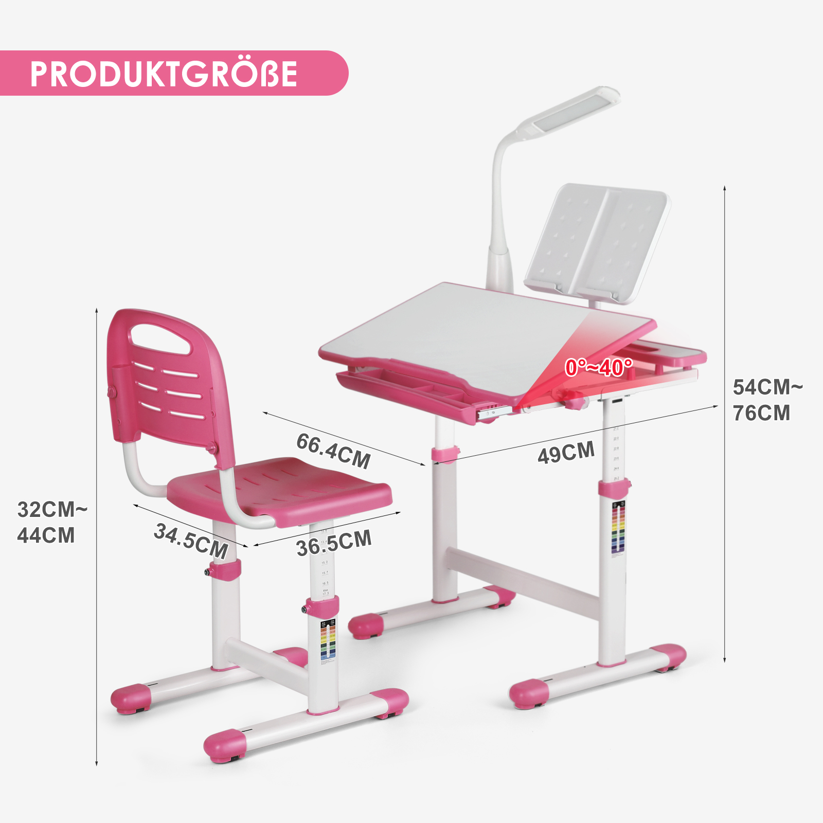 Ein verstellbarer rosa Schreibtisch und Stuhl mit integrierter Lampe und Buchstütze.