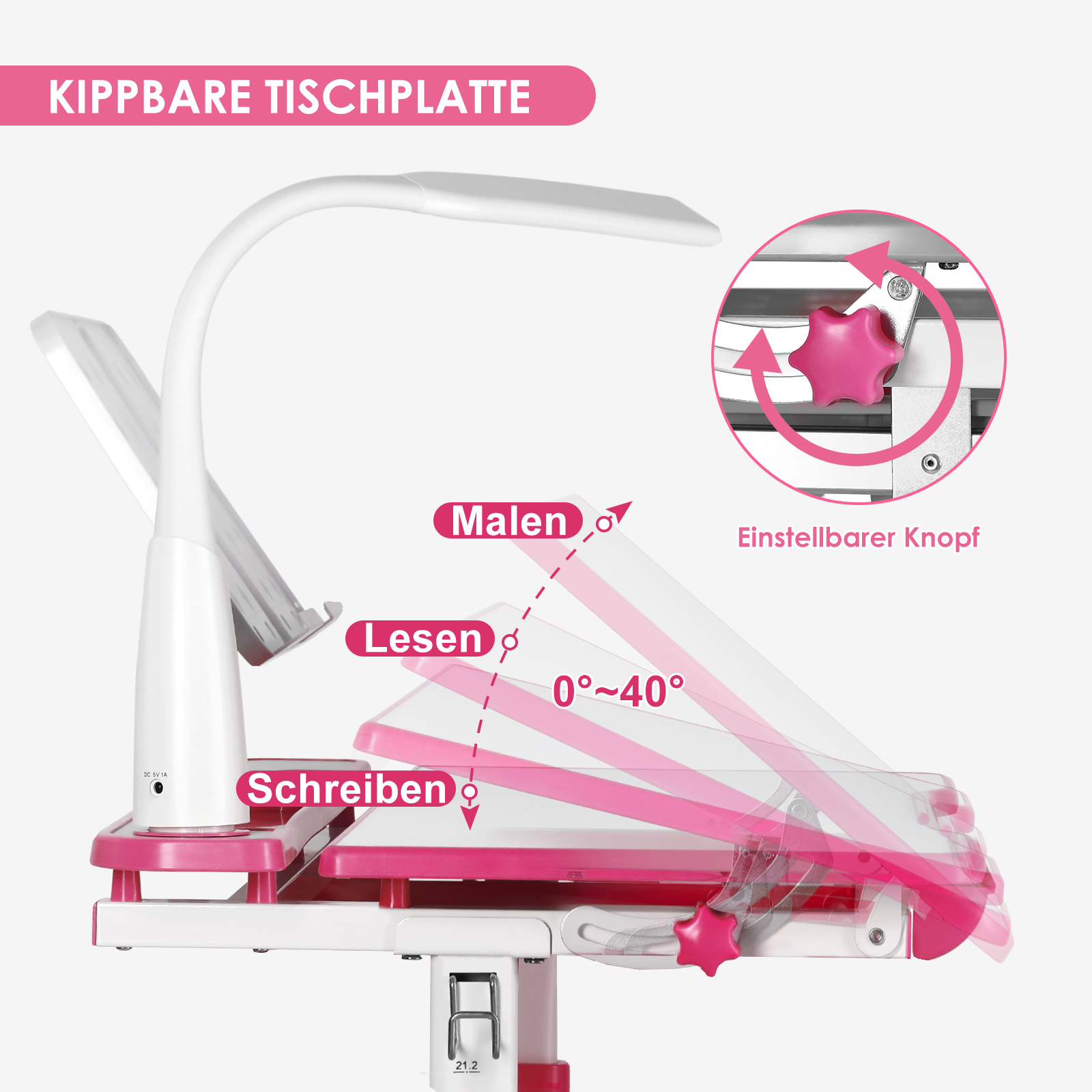 Neigbare Tischplatte mit Lampenarm und Winkeleinstellung von 0-40 Grad.