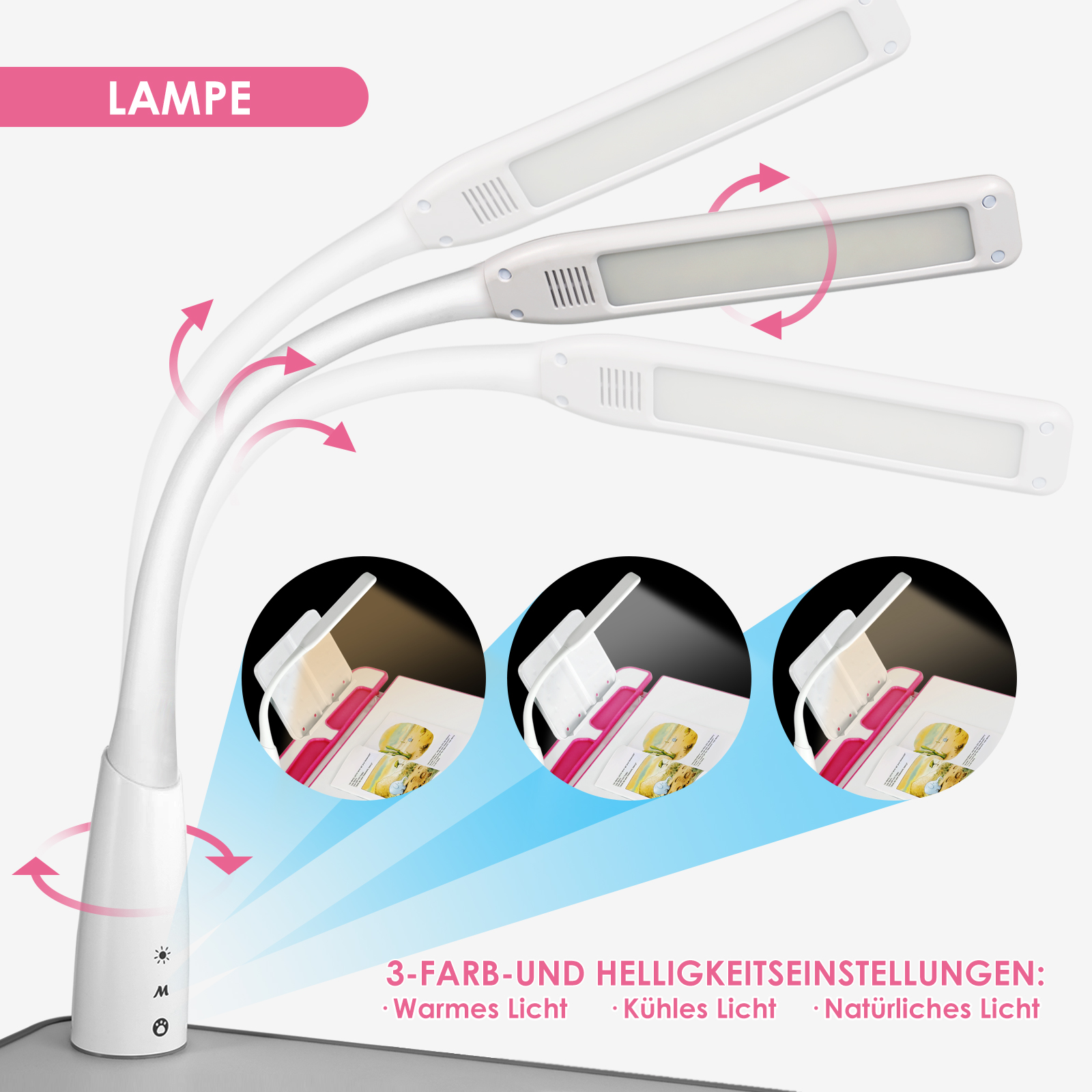 Weiße Lampe mit flexiblen Armen und drei Helligkeitseinstellungen im Detail.