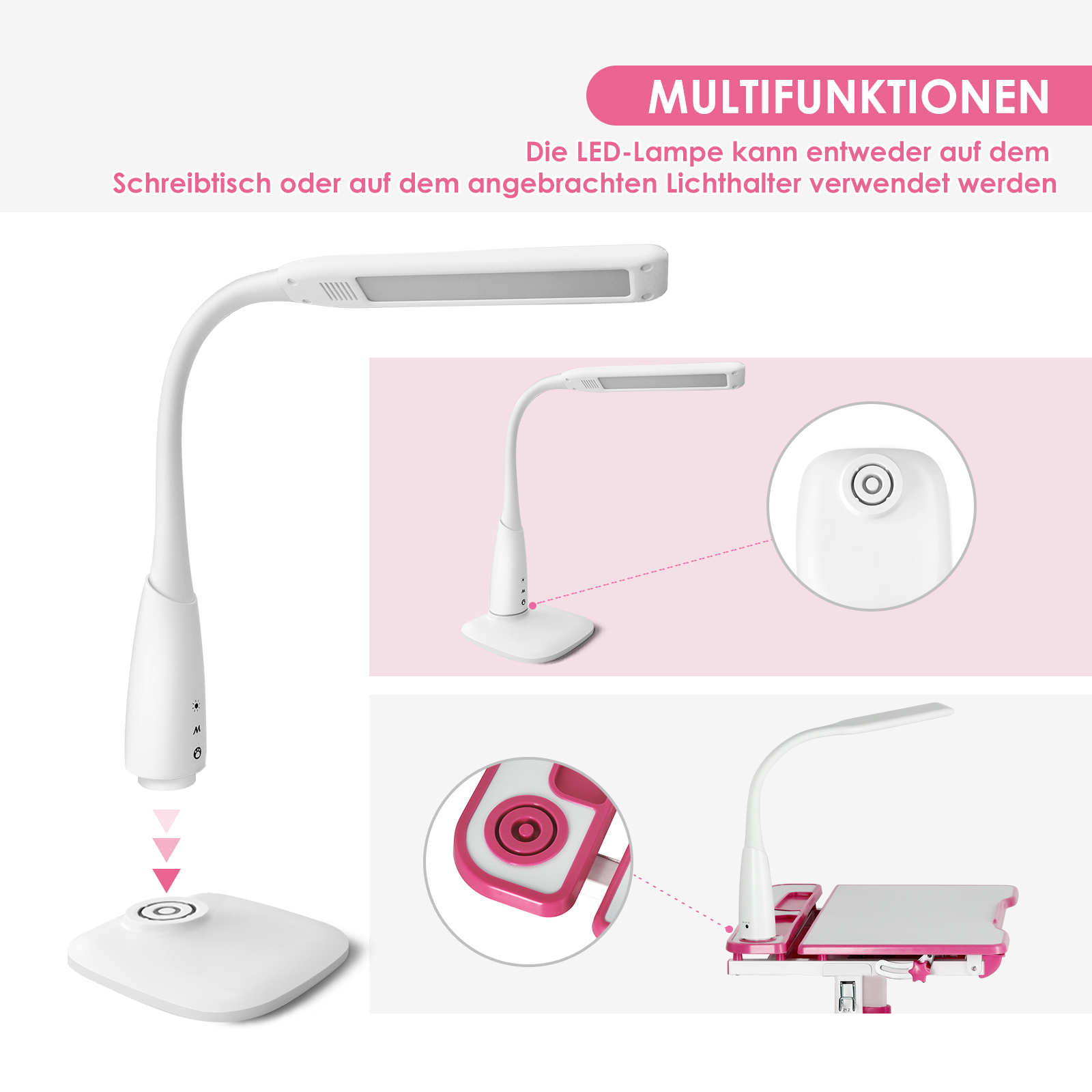 Ein weißer LED-Schreibtischlampenarm mit flexibler Halterung, der auf einer Basis oder einem Tisch montiert ist.
