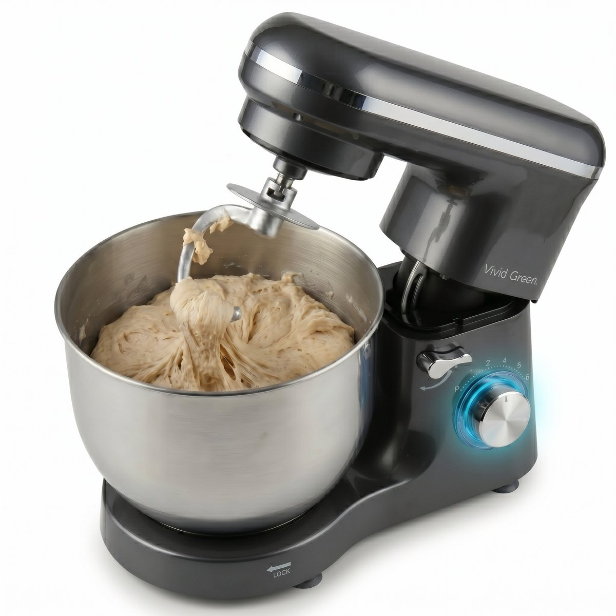 Dark gray stand mixer with dough in stainless steel bowl, glowing blue dial.