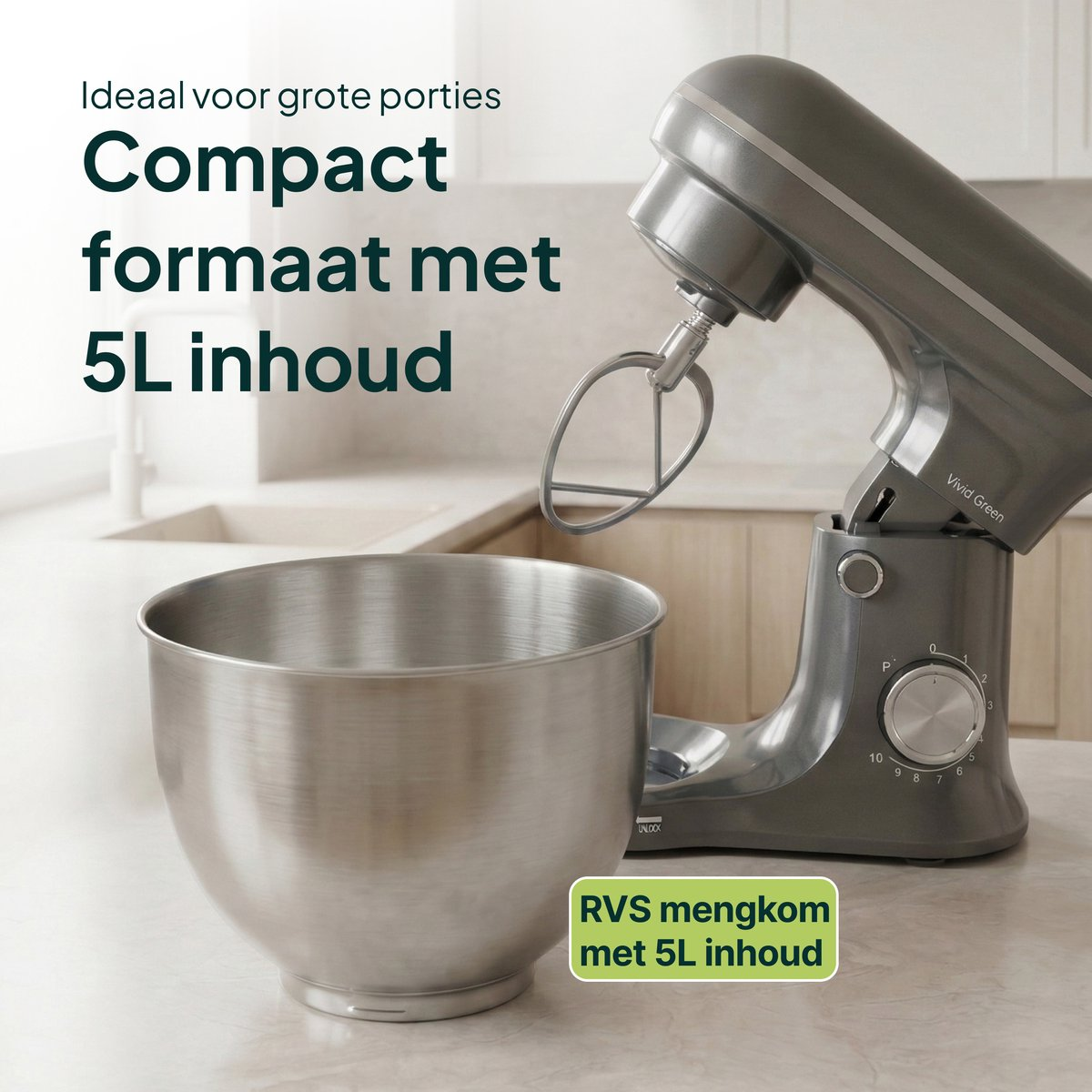 Grey kitchen mixer with stainless steel bowl, 5L capacity.