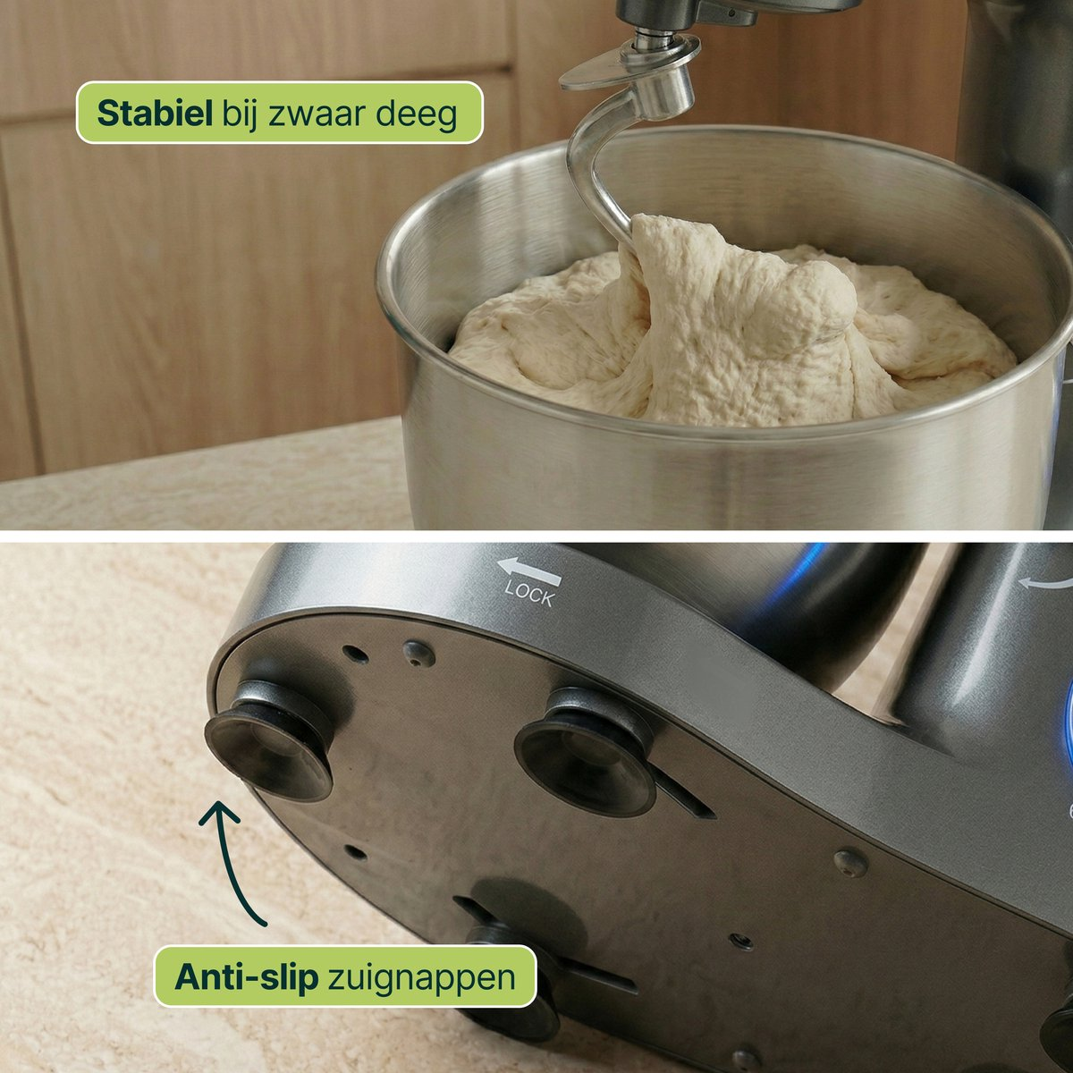 Stand mixer kneading dough. Non-slip suction cups on the base for stability.