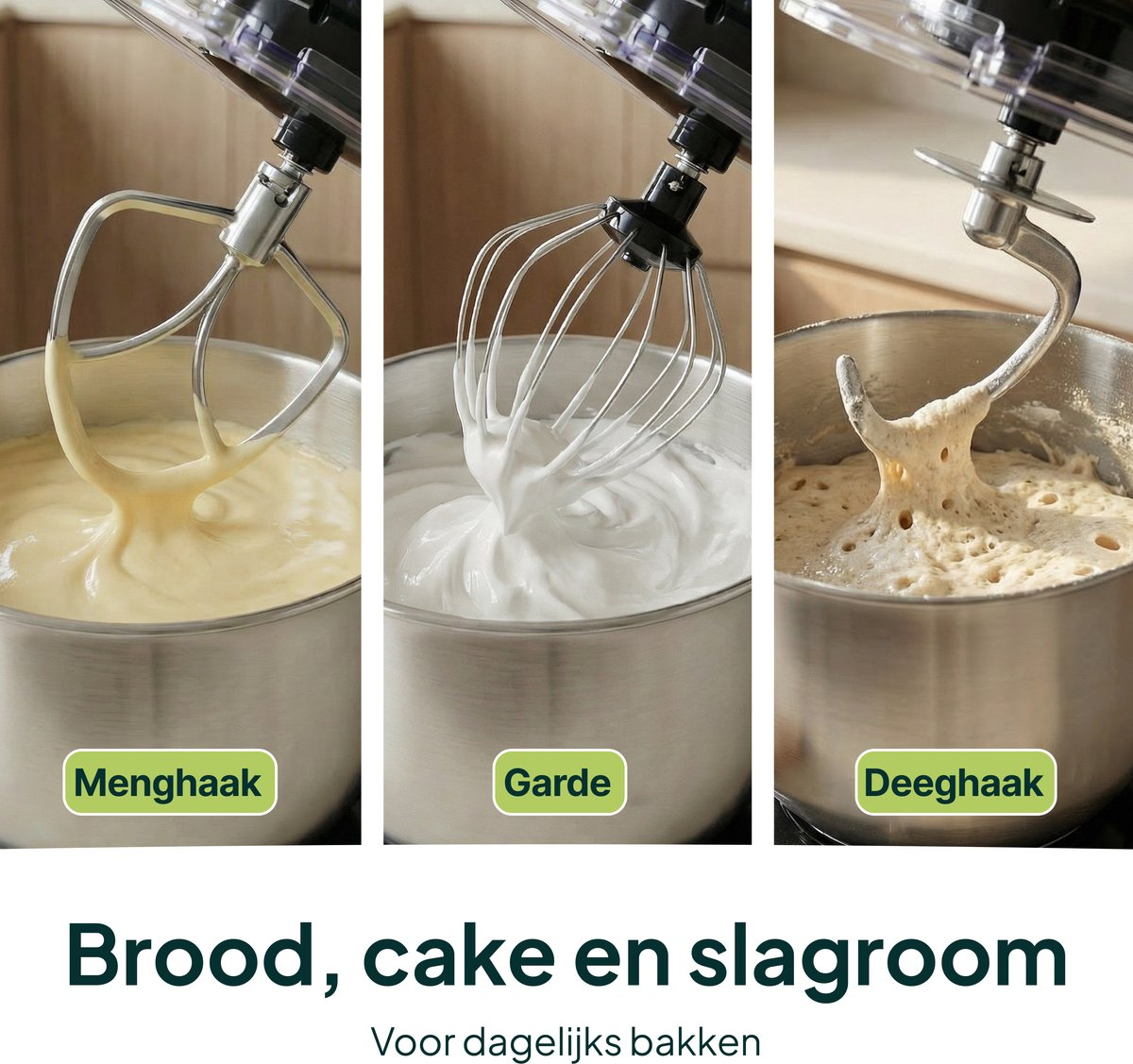 A stand mixer shows three different preparations: batter, meringue, and dough.