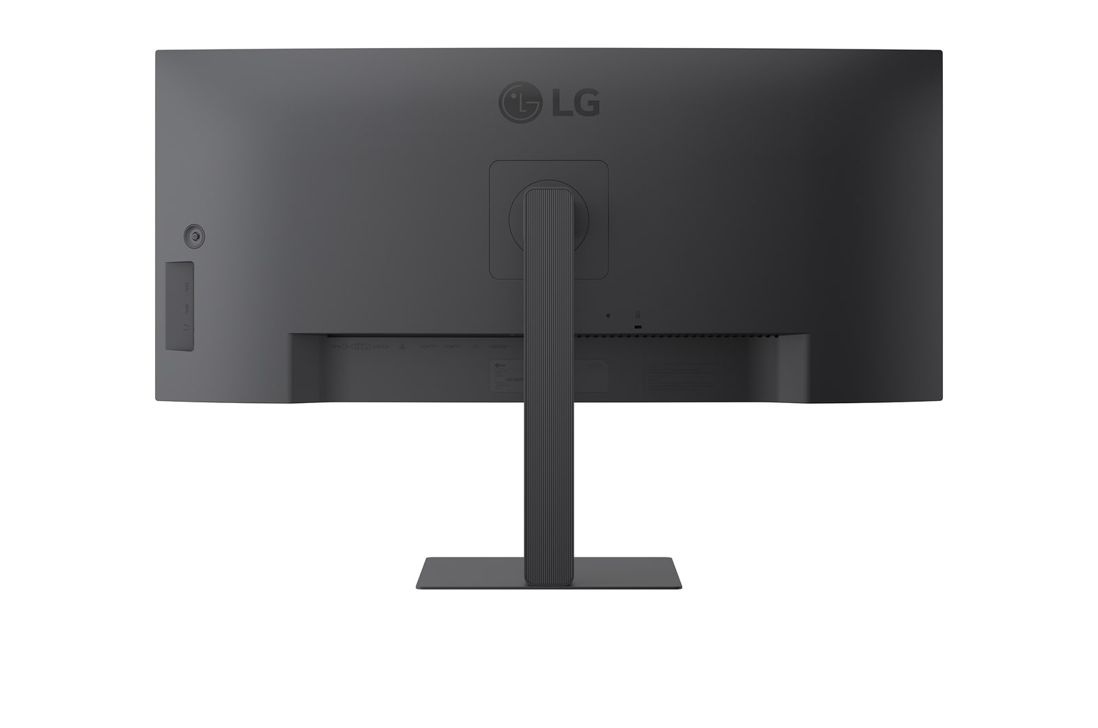 Vista trasera de un monitor LG negro con soporte y puertos visibles.