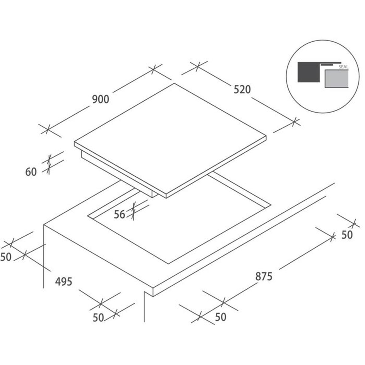 Disegno tecnico di un piano cottura con dimensioni in mm. Un'icona di sigillo è in alto a destra.