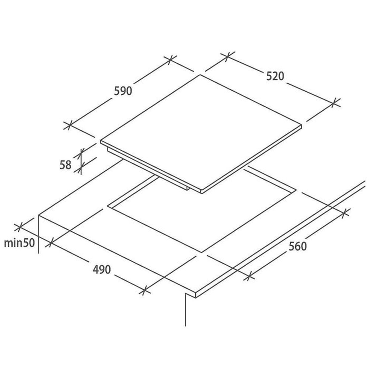 Rysunek techniczny płyty grzewczej z wymiarami: 590x520 mm, wycięcie 560x490 mm.