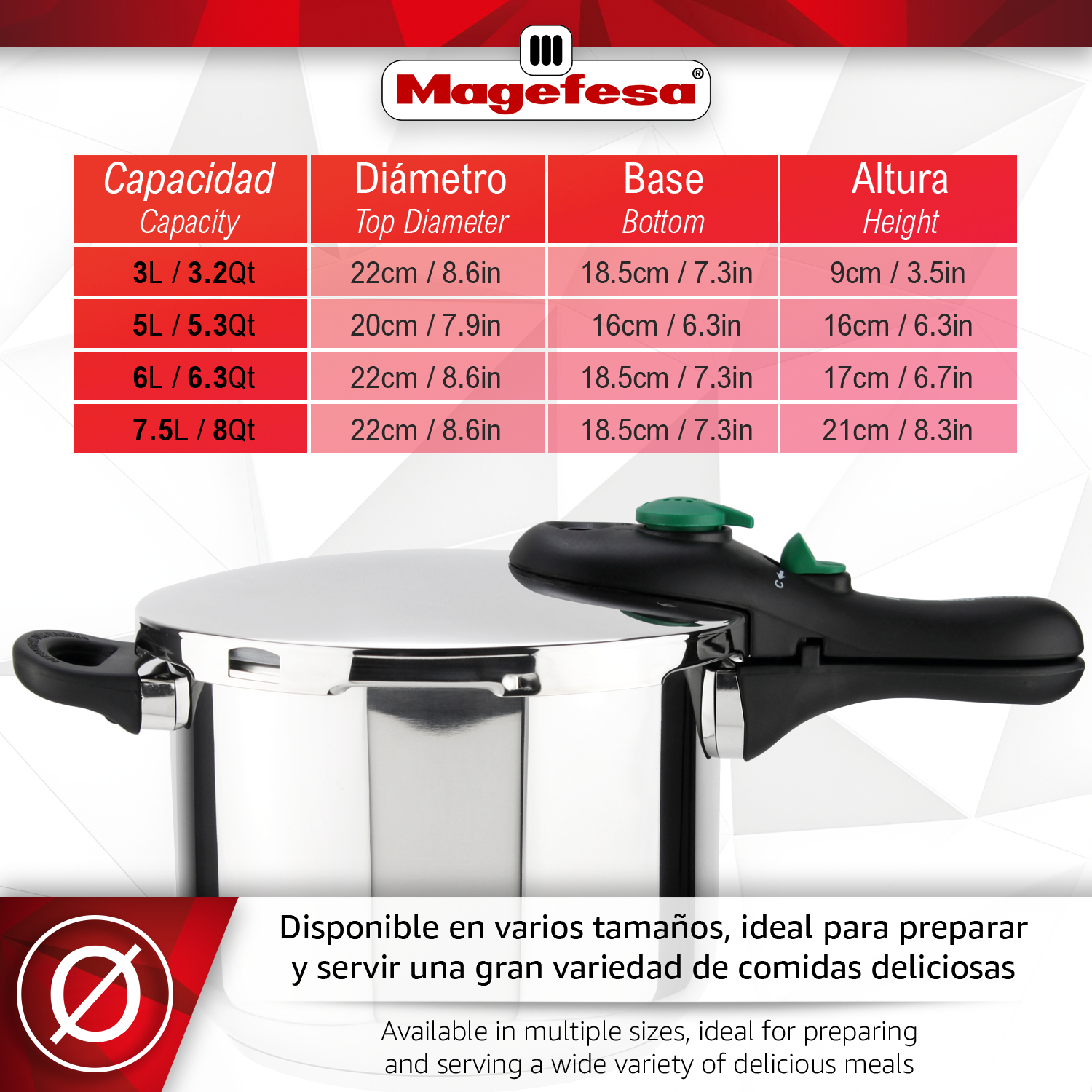 Olla de acero inoxidable con asa negra y tapa verde, junto a una tabla de tallas.