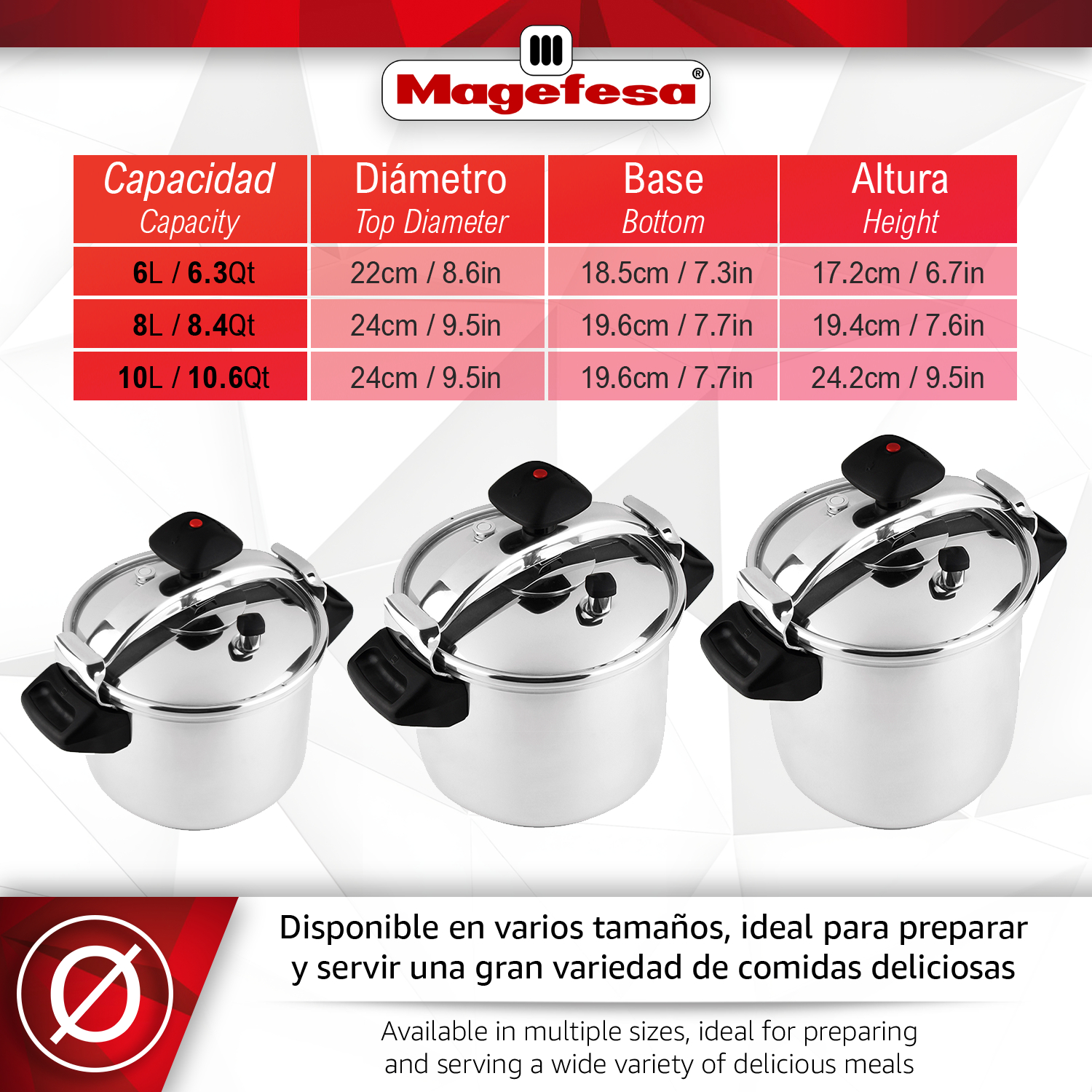 Tres ollas a presión Magefesa de varios tamaños, con tabla de medidas.