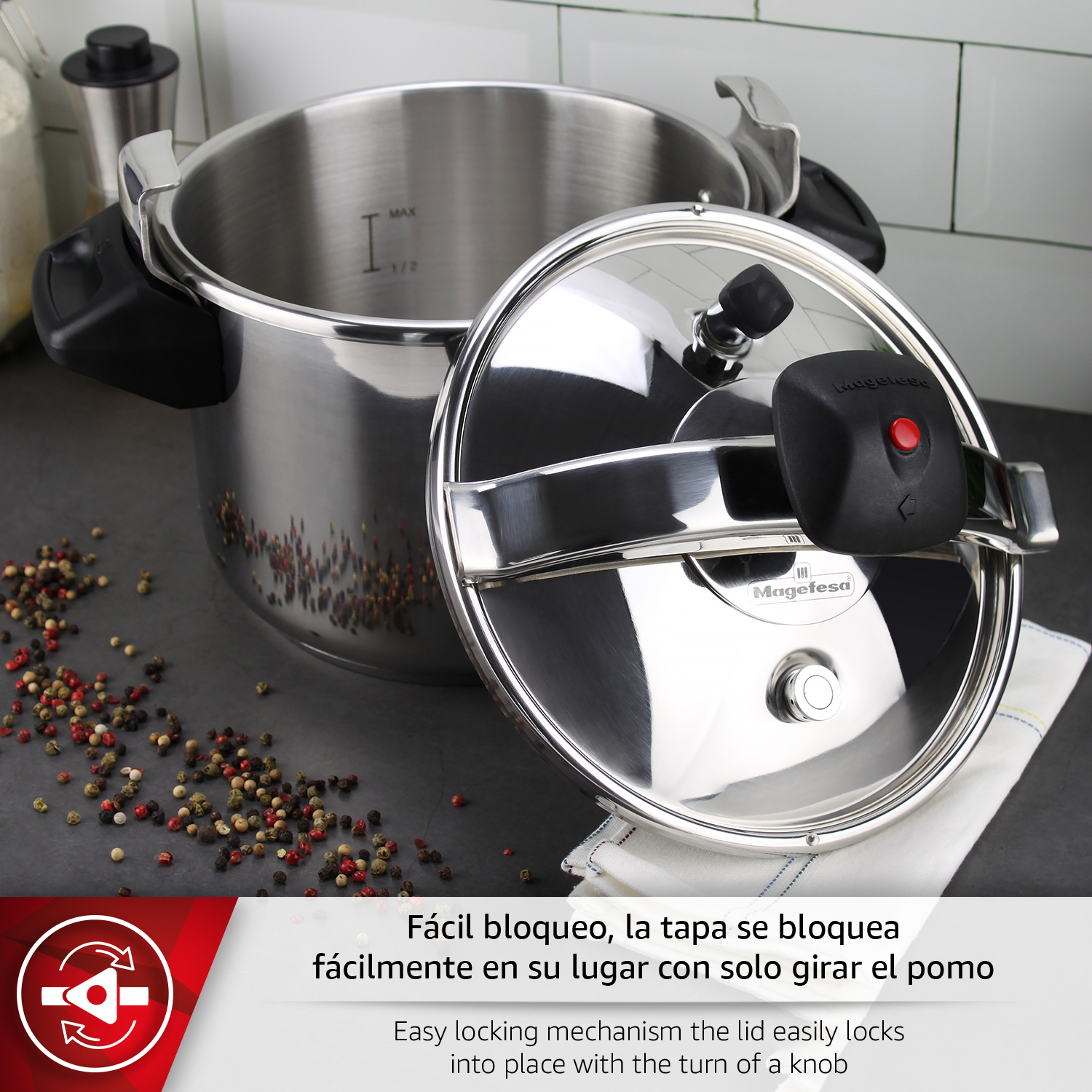 Olla a presión de acero inoxidable con tapa abierta, granos de pimienta esparcidos.