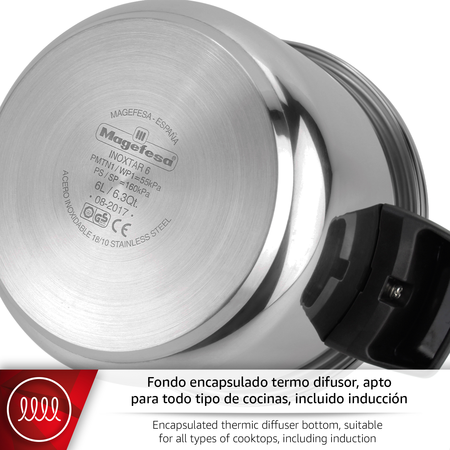 Olla de acero inoxidable con mango negro, detalles grabados en base.