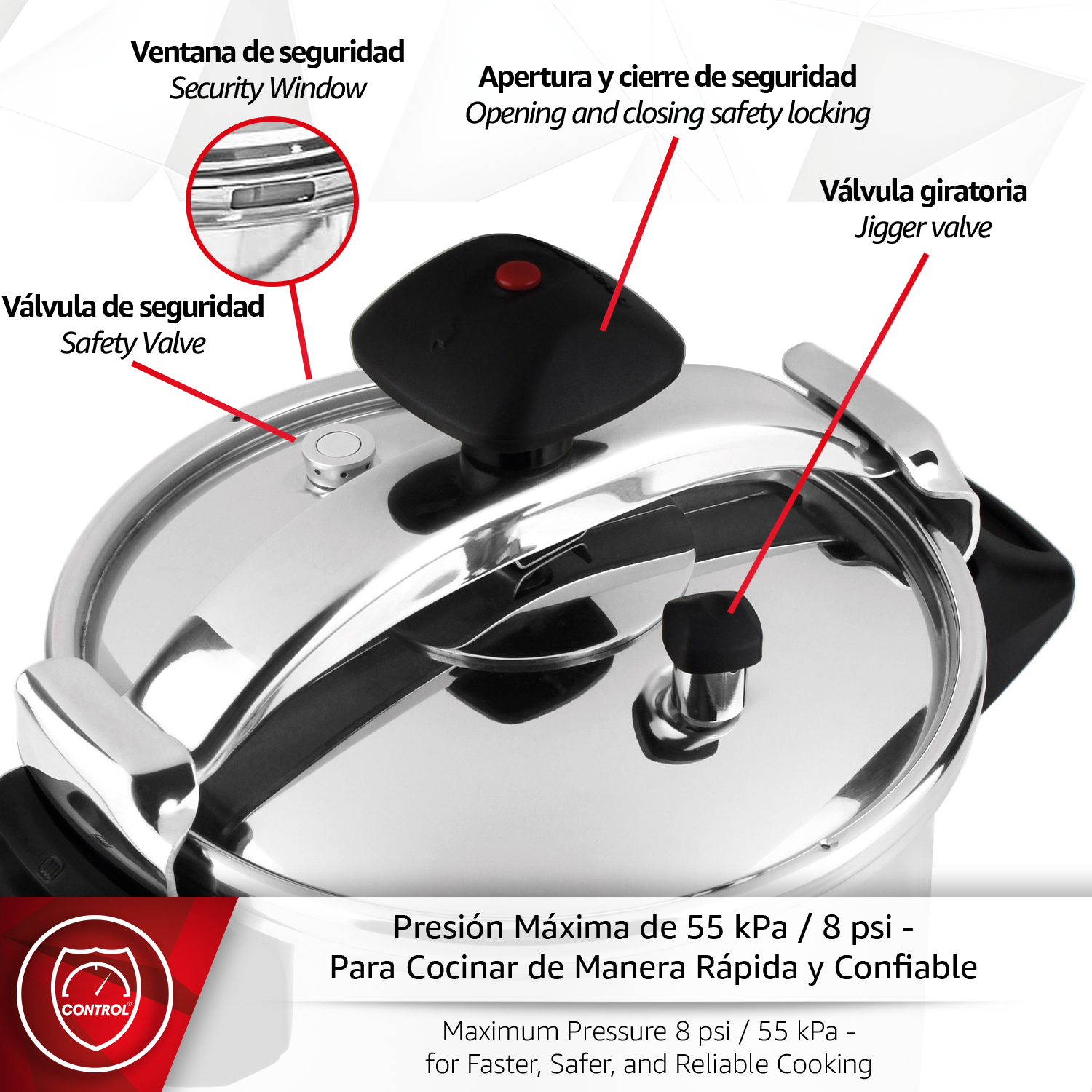Olla a presión de acero inoxidable con funciones de seguridad como ventana y válvulas.