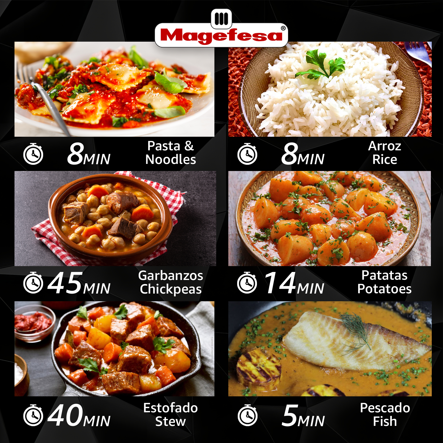 Seis platos con tiempos de cocción: Ravioli, arroz, garbanzos, patatas, estofado, pescado.