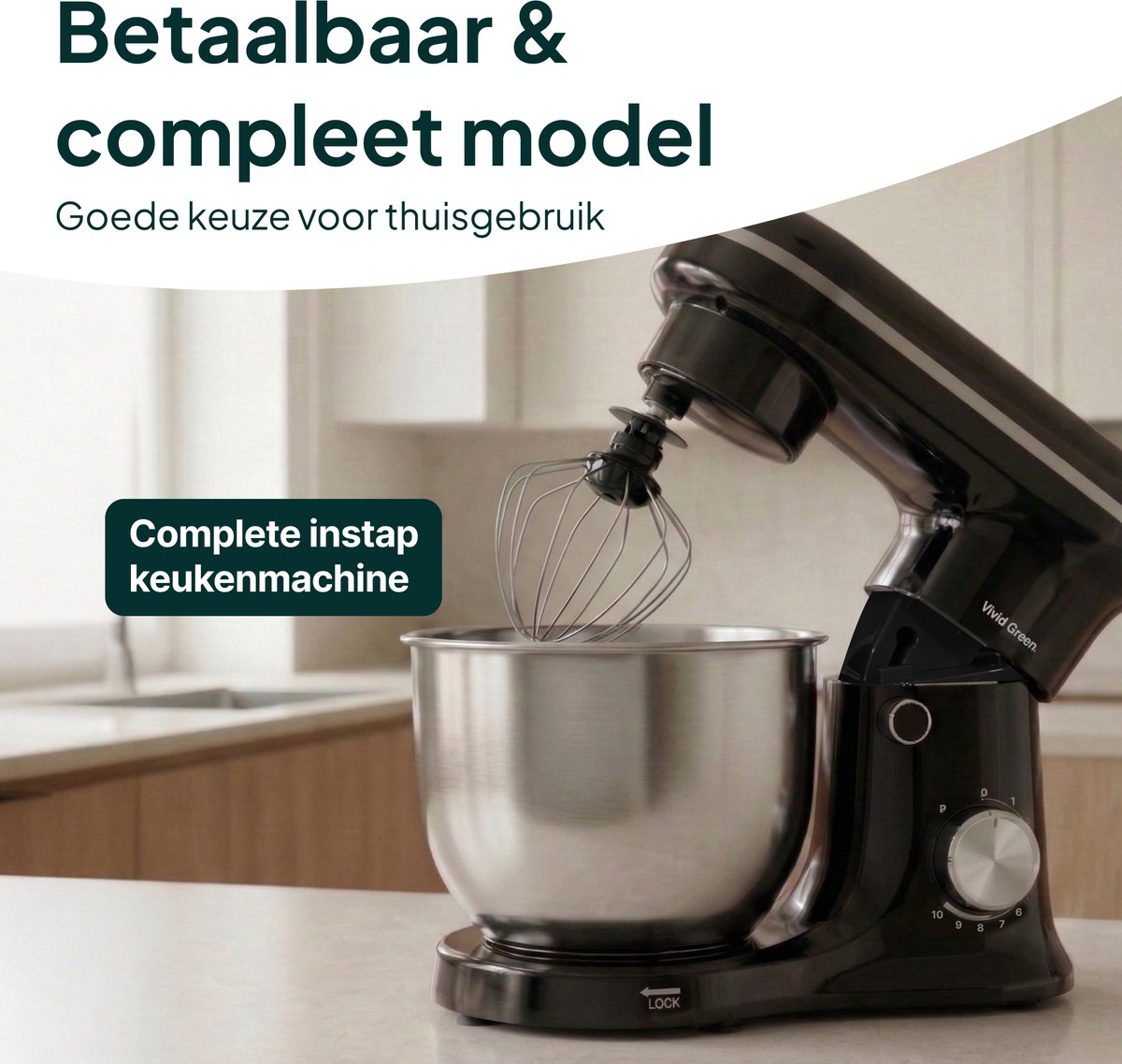 Black stand mixer with silver bowl and whisk attachment.