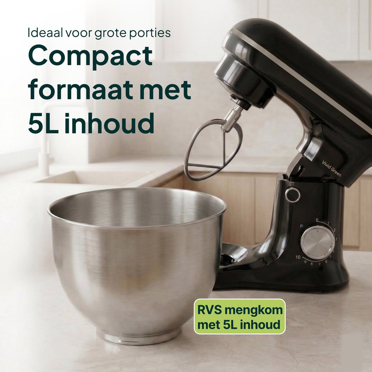 Black stand mixer with stainless steel bowl, 5L capacity.