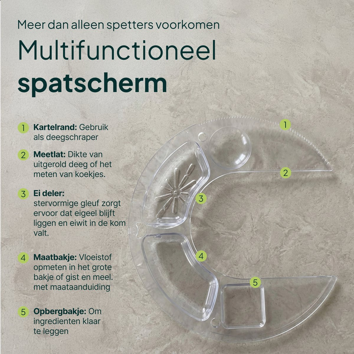A transparent kitchen tool with five labeled sections: dough scraper, ruler, egg separator, measuring cup, and storage.