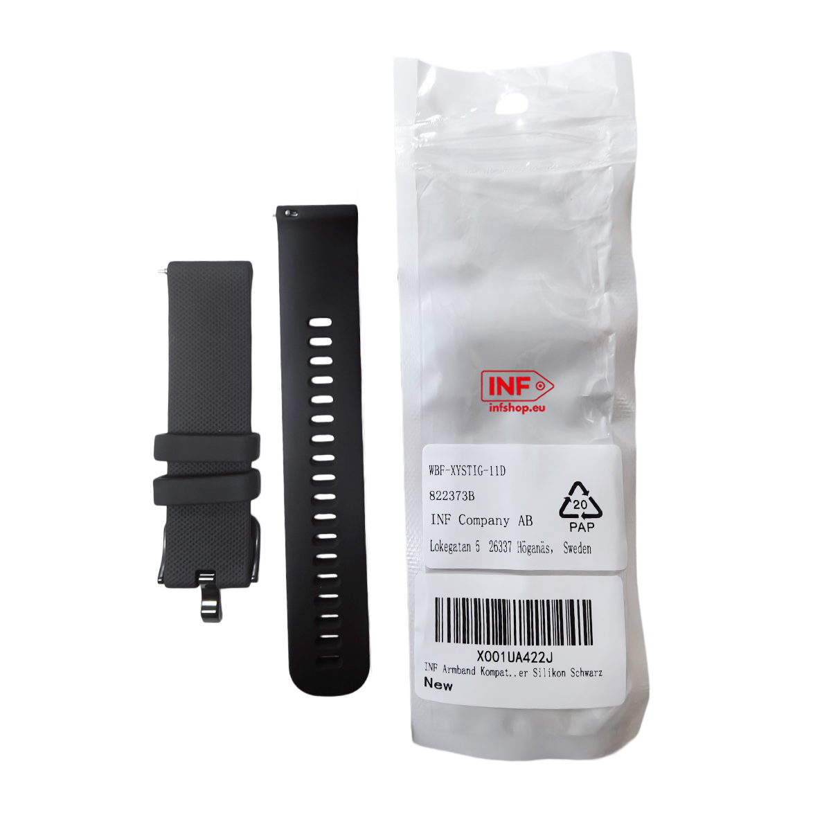 Zwei schwarze Uhrenarmbänder, eines im Paket mit Produktinformationen.
