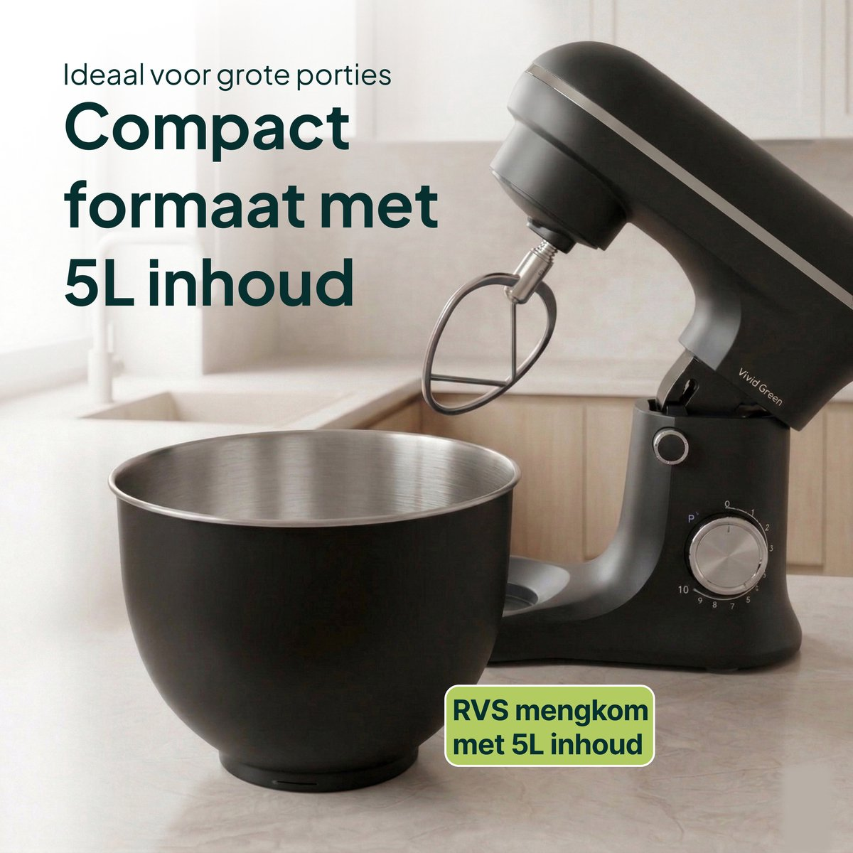 Black stand mixer with a mixing bowl on a countertop.