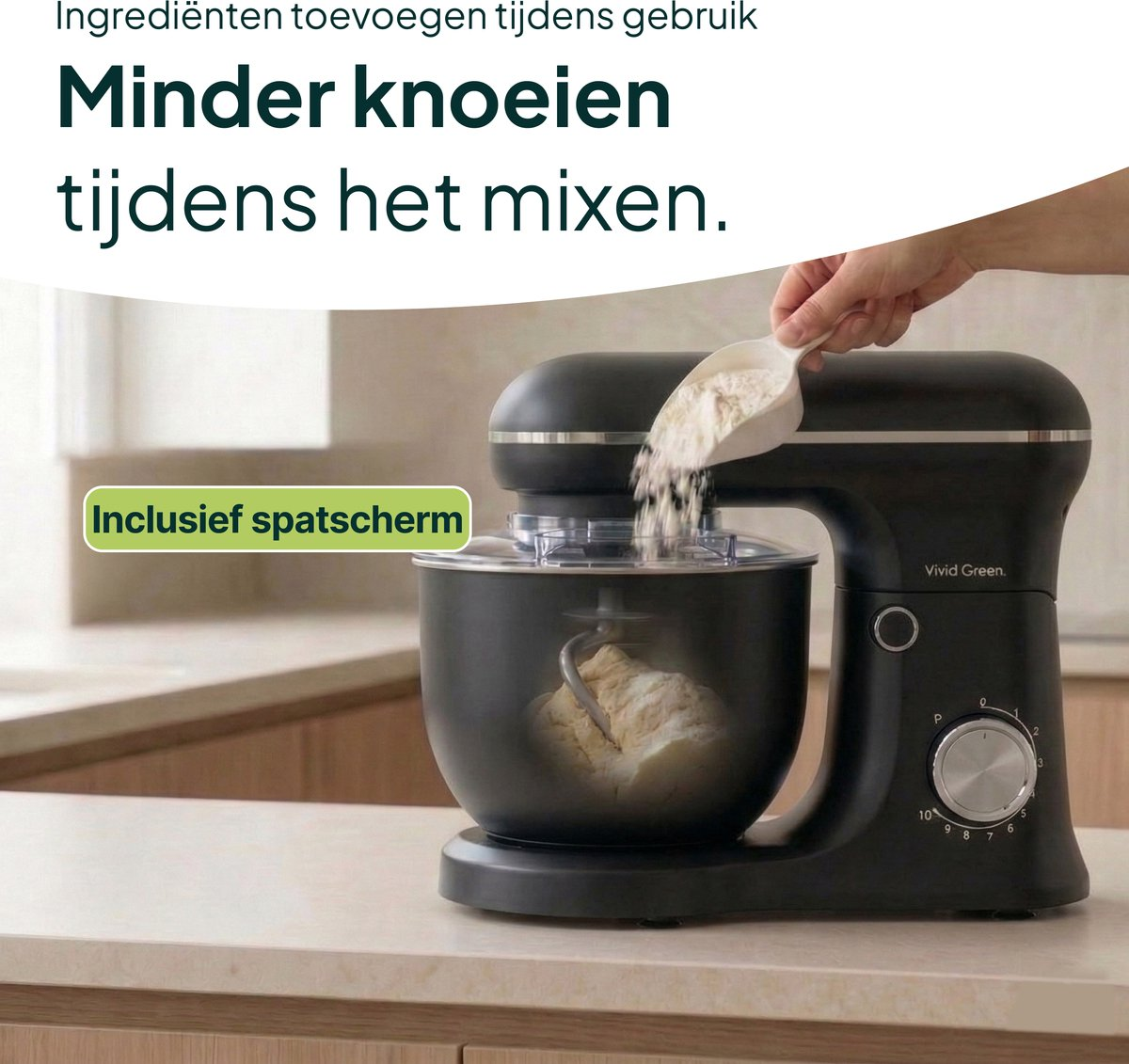 A black stand mixer adds flour into a bowl with dough.