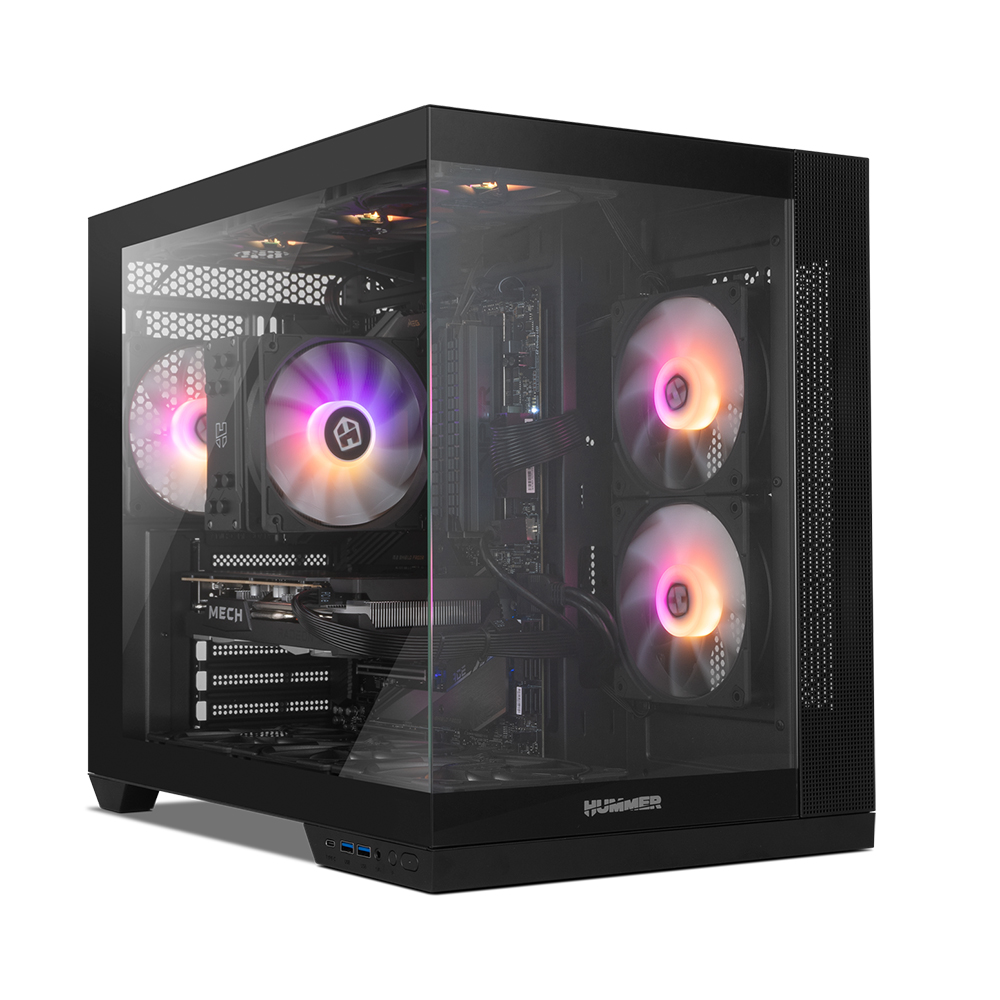 Una caja de PC negra con ventana de cristal y ventiladores iluminados.