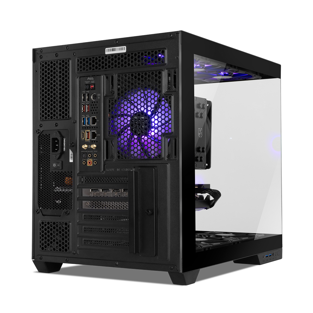 Vista trasera de una caja de PC negra con ventilador morado y puertos.