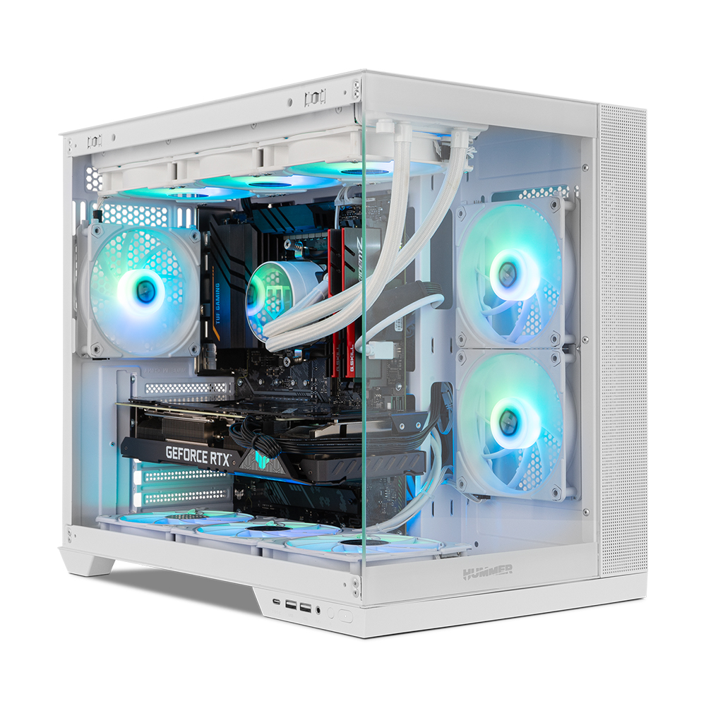 Una caja de PC blanca con ventiladores RGB, tarjeta gráfica y cables.