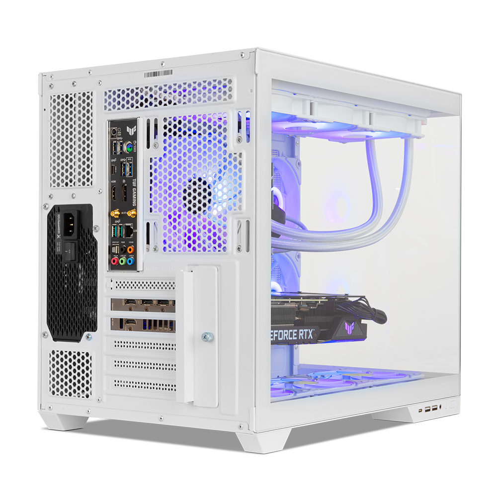 Una caja de computadora blanca con iluminación RGB y componentes internos visibles.