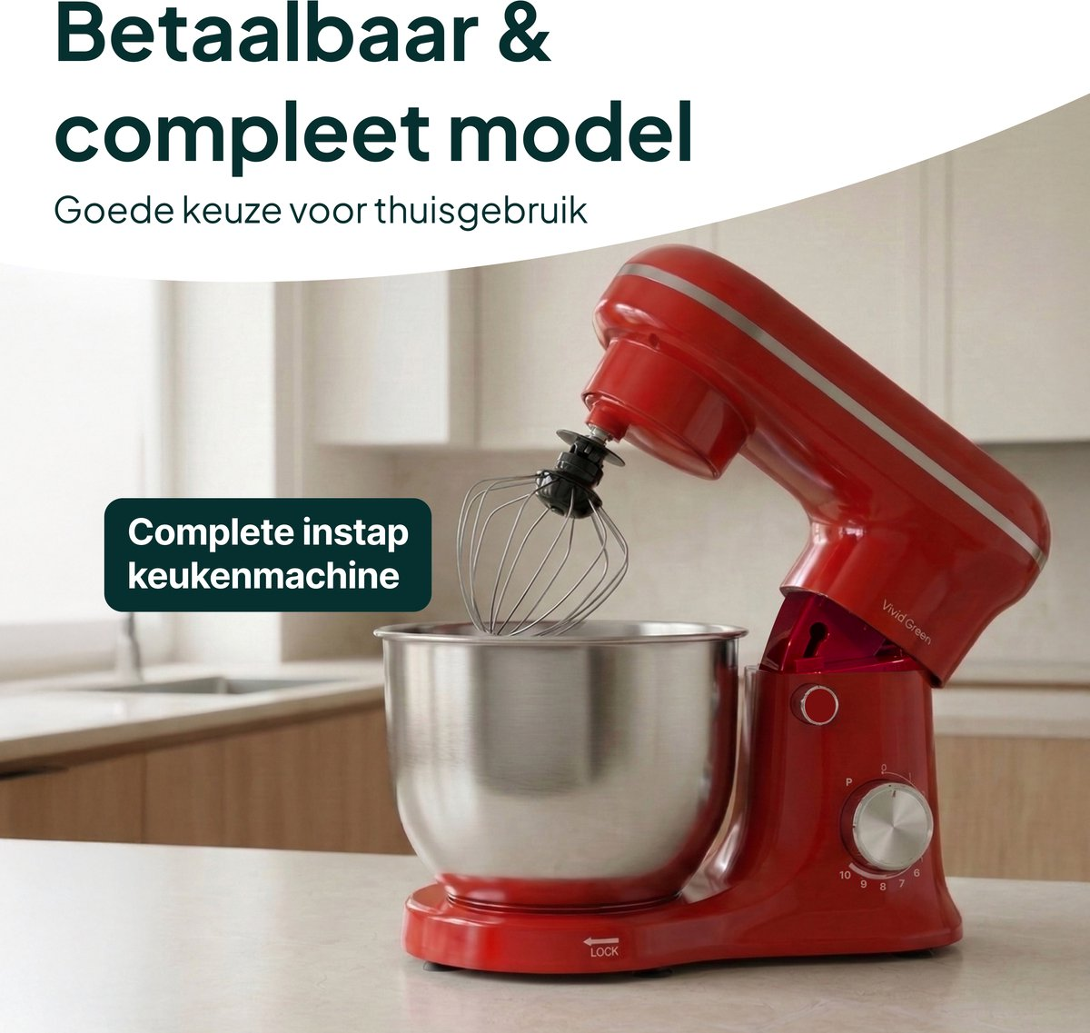 A red stand mixer with a stainless steel bowl and whisk attachment.
