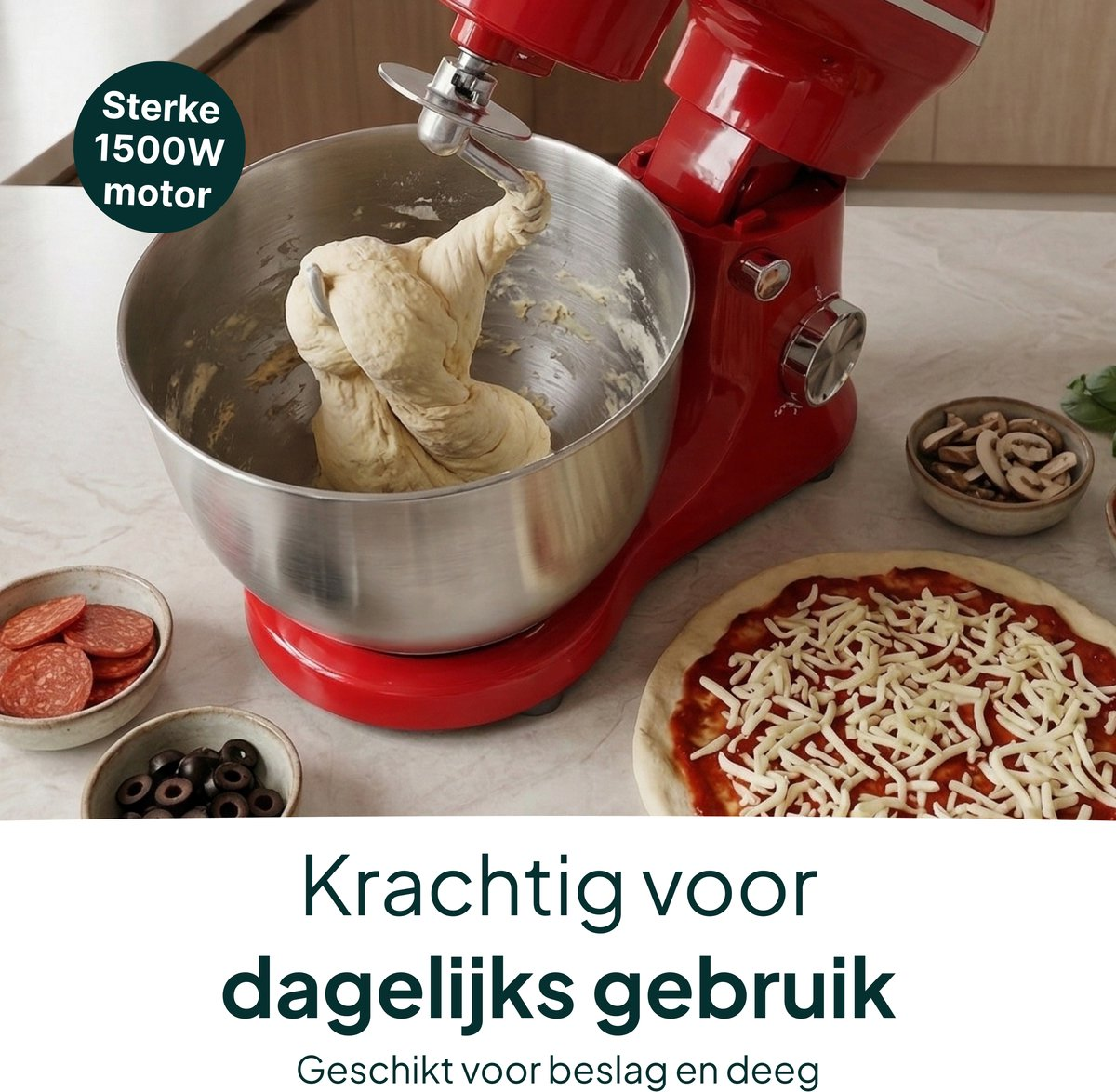 Red stand mixer kneading dough next to pizza, olives, and mushrooms.