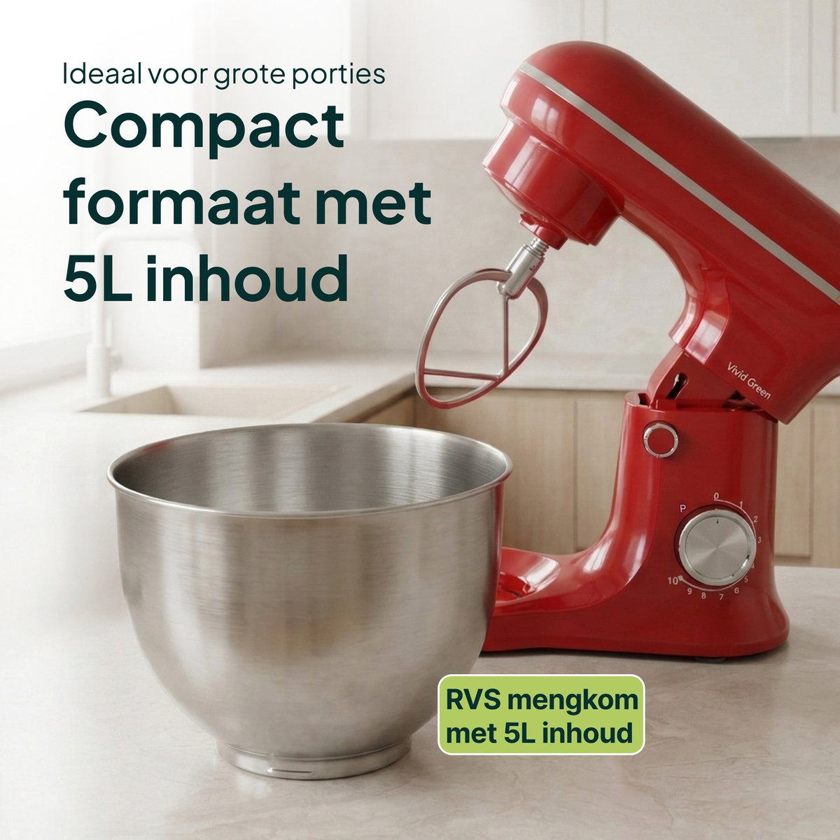 Red stand mixer with stainless steel bowl, 5L capacity.