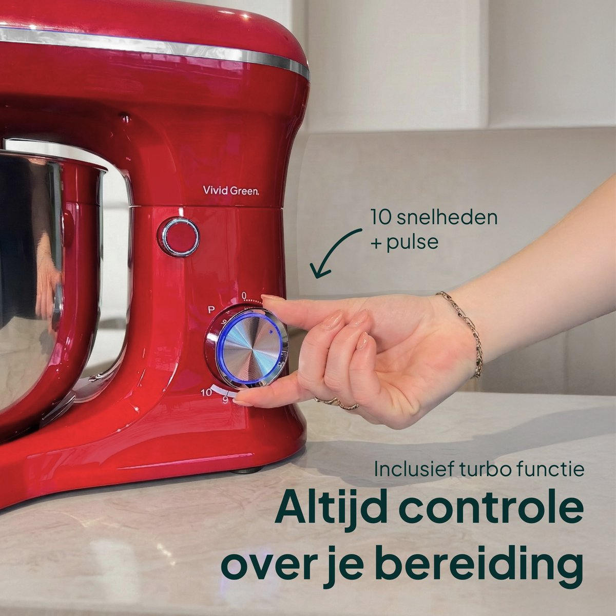 A red stand mixer with a dial set to 10 speeds + pulse.