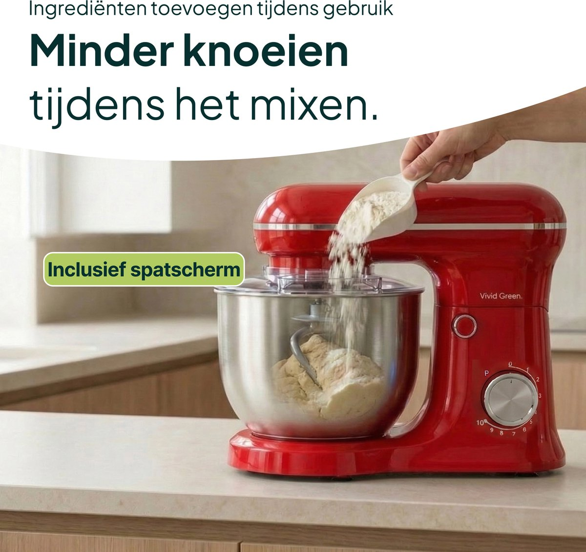 Red stand mixer with bowl, adding flour. Includes splash guard.