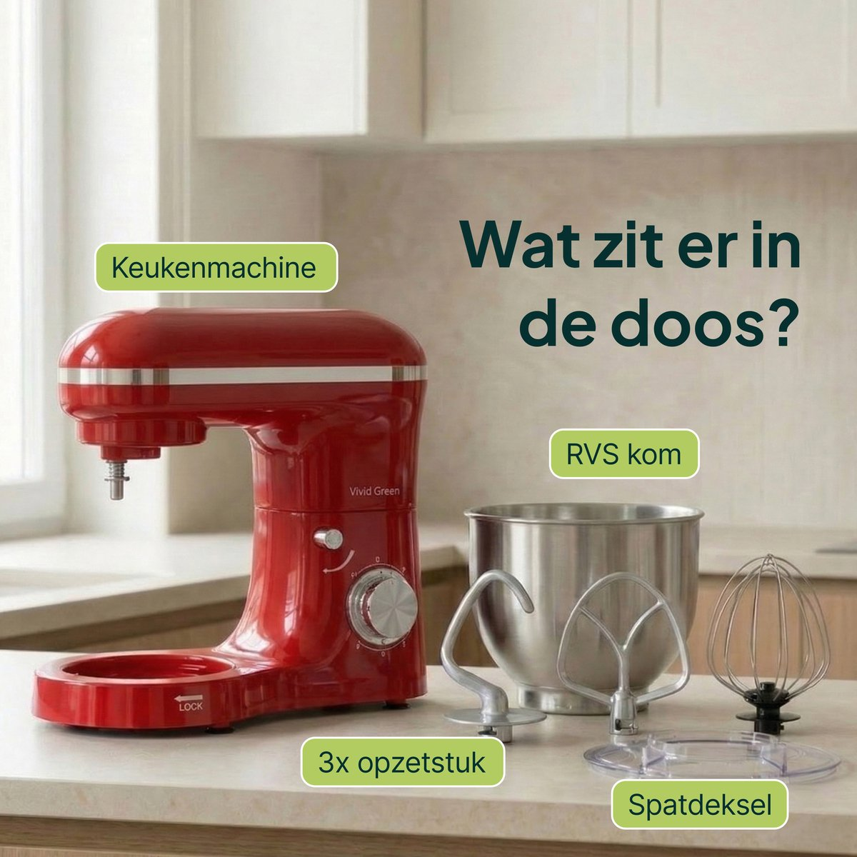A red stand mixer with a bowl, dough hook, whisk, and splash guard.