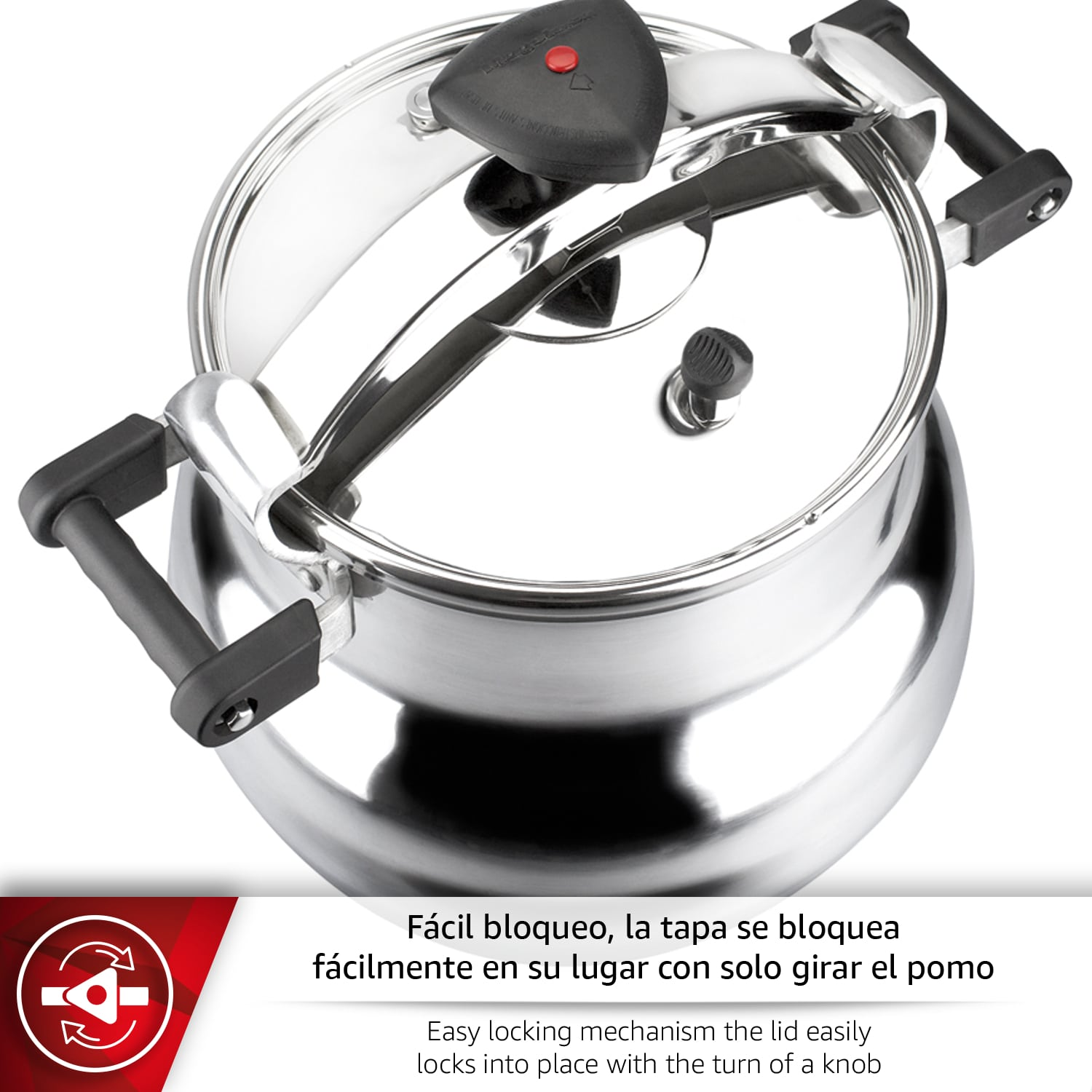 Una olla de acero inoxidable con tapa cerrada y asas negras. Se ve un botón rojo.