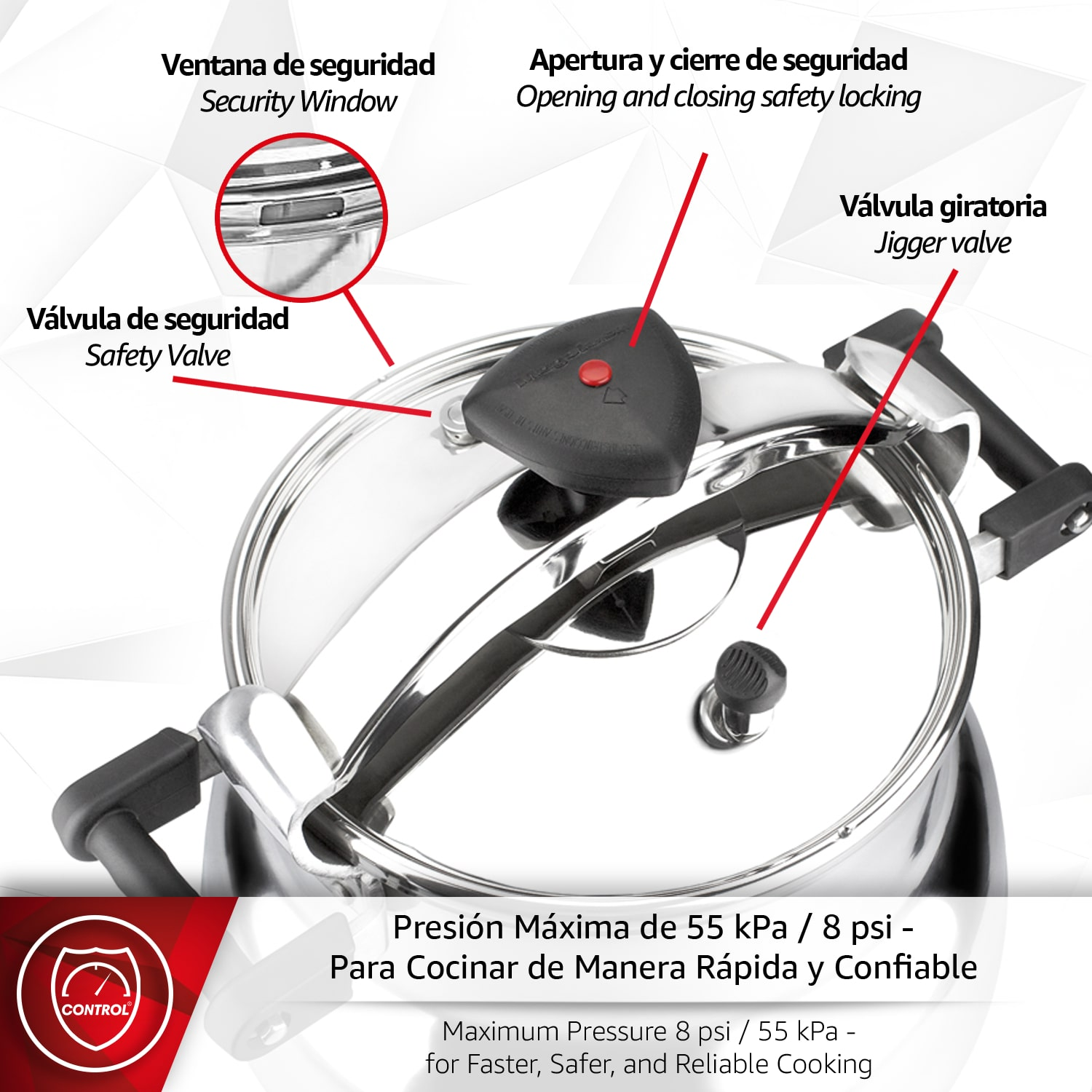 Olla a presión de acero inoxidable con características de seguridad y asas. Presión máx. 8 psi.