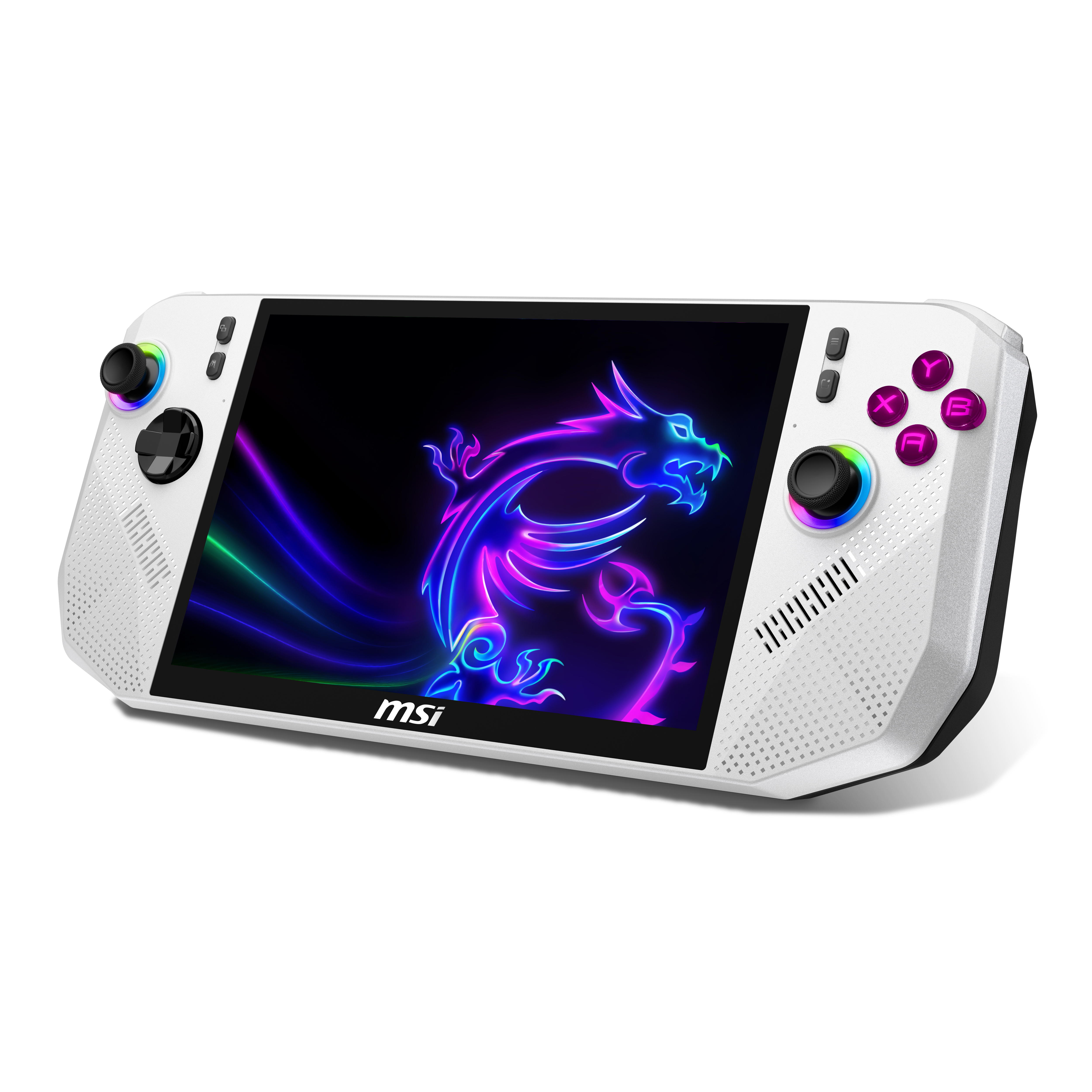 Un dispositivo de juego portátil blanco con un logo de dragón en la pantalla.