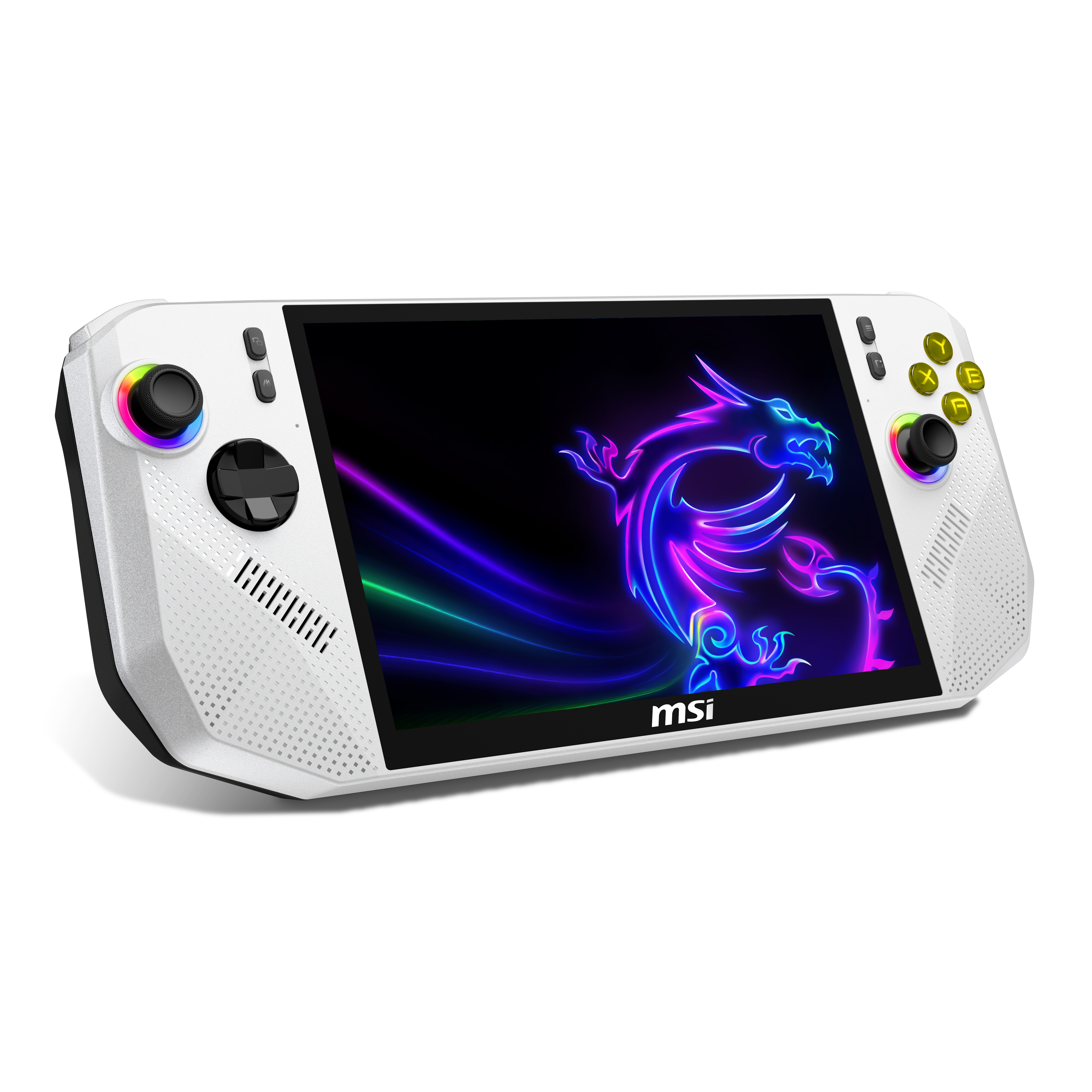 Un dispositivo de juego portátil blanco con pantalla de dragón brillante.