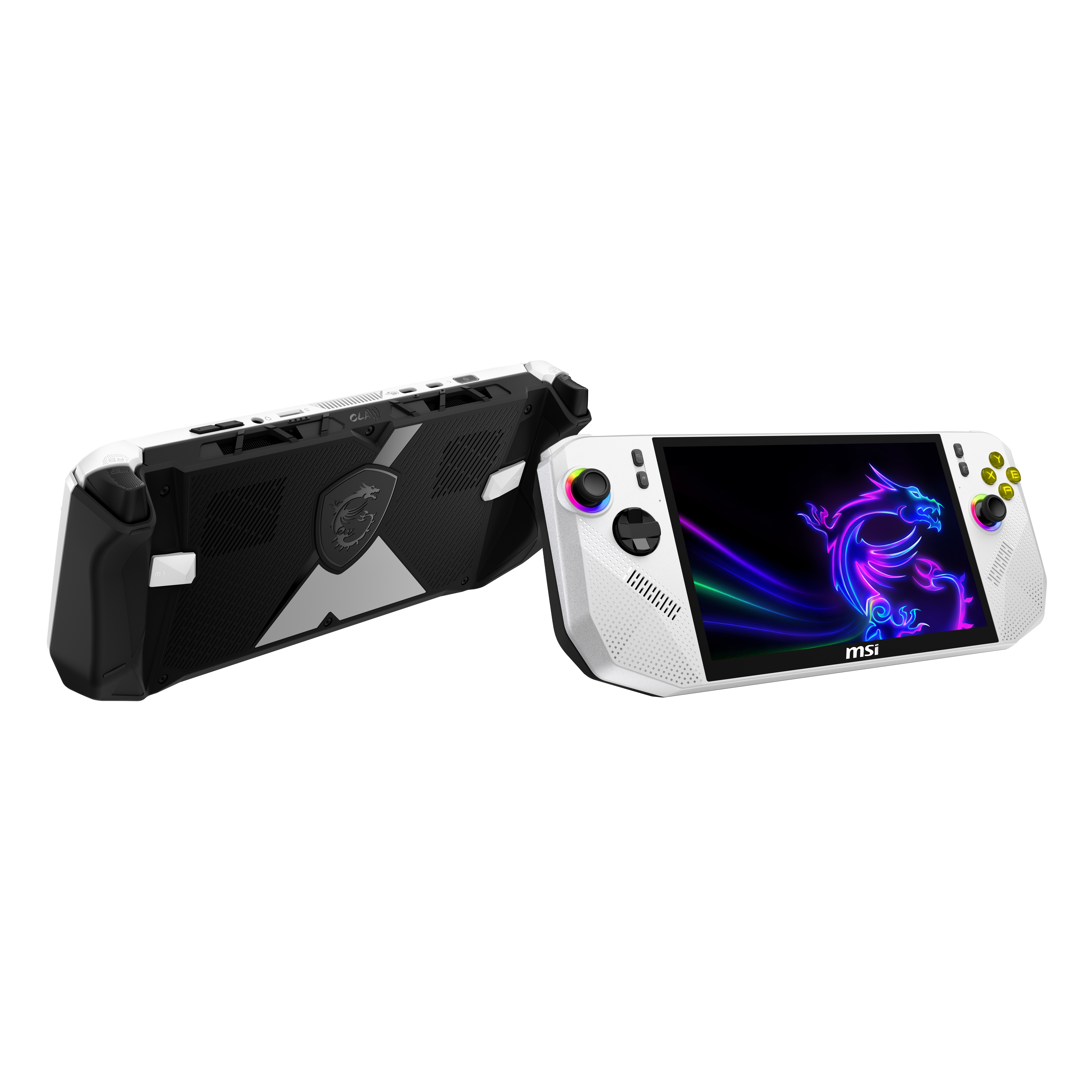 Un dispositivo de juego portátil con cuerpo blanco y mando iluminado.