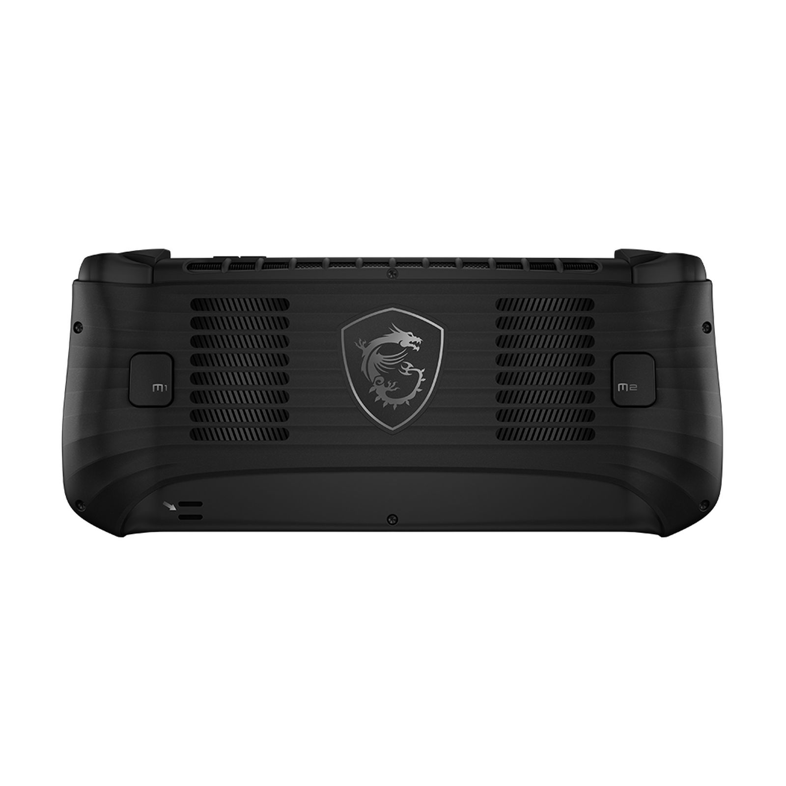 Schwarzes Handheld-Gaming-Gerät mit MSI-Logo und Lüftungsschlitzen.